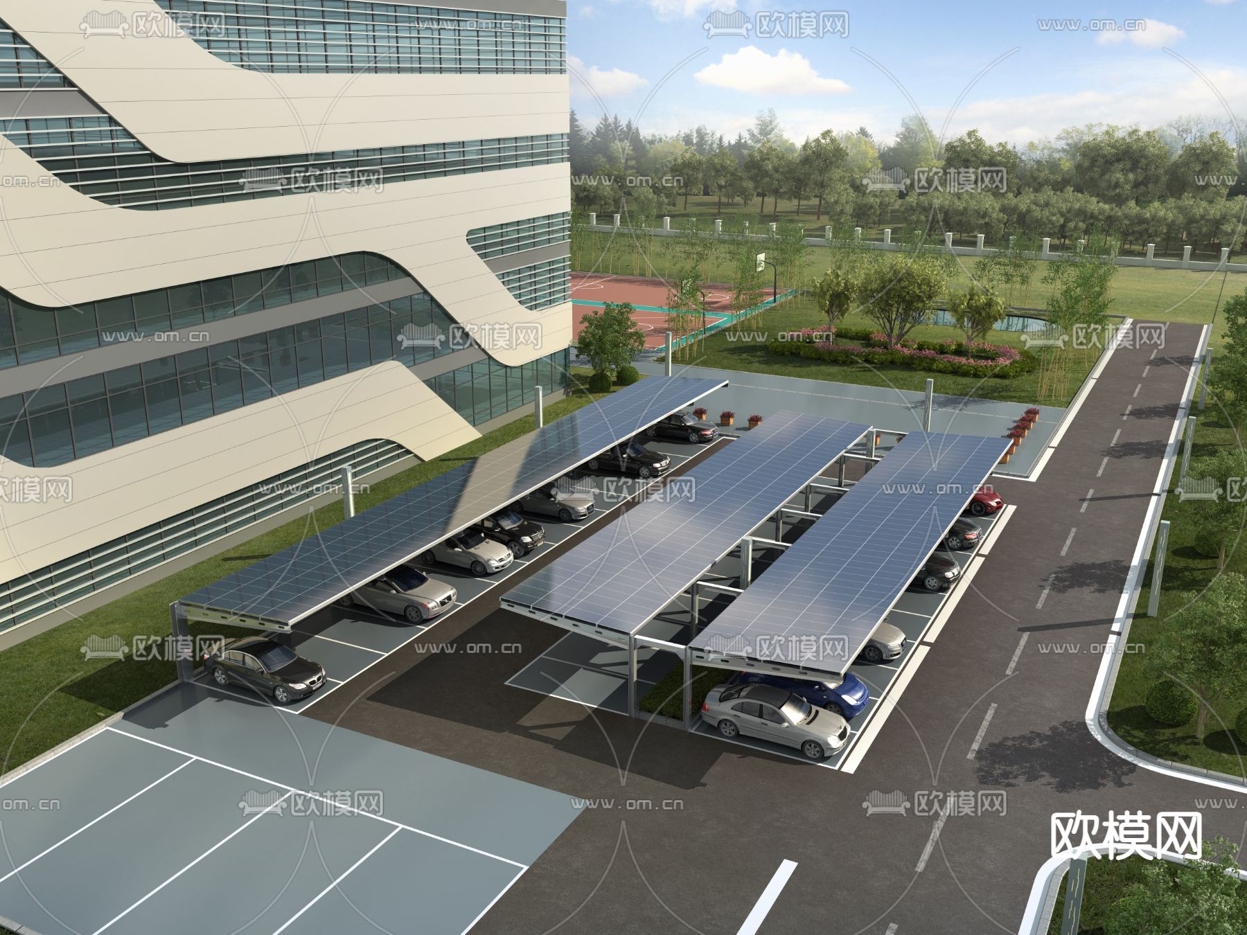 现代太阳能户外停车场3d模型