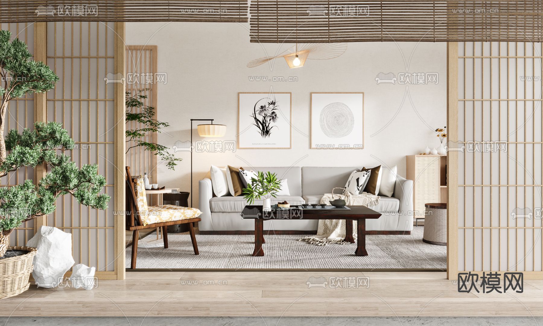 日式布艺沙发组合3d模型下载