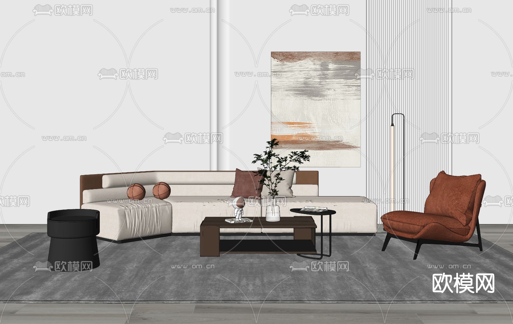 现代布艺沙发组合su模型下载（渲染图2）