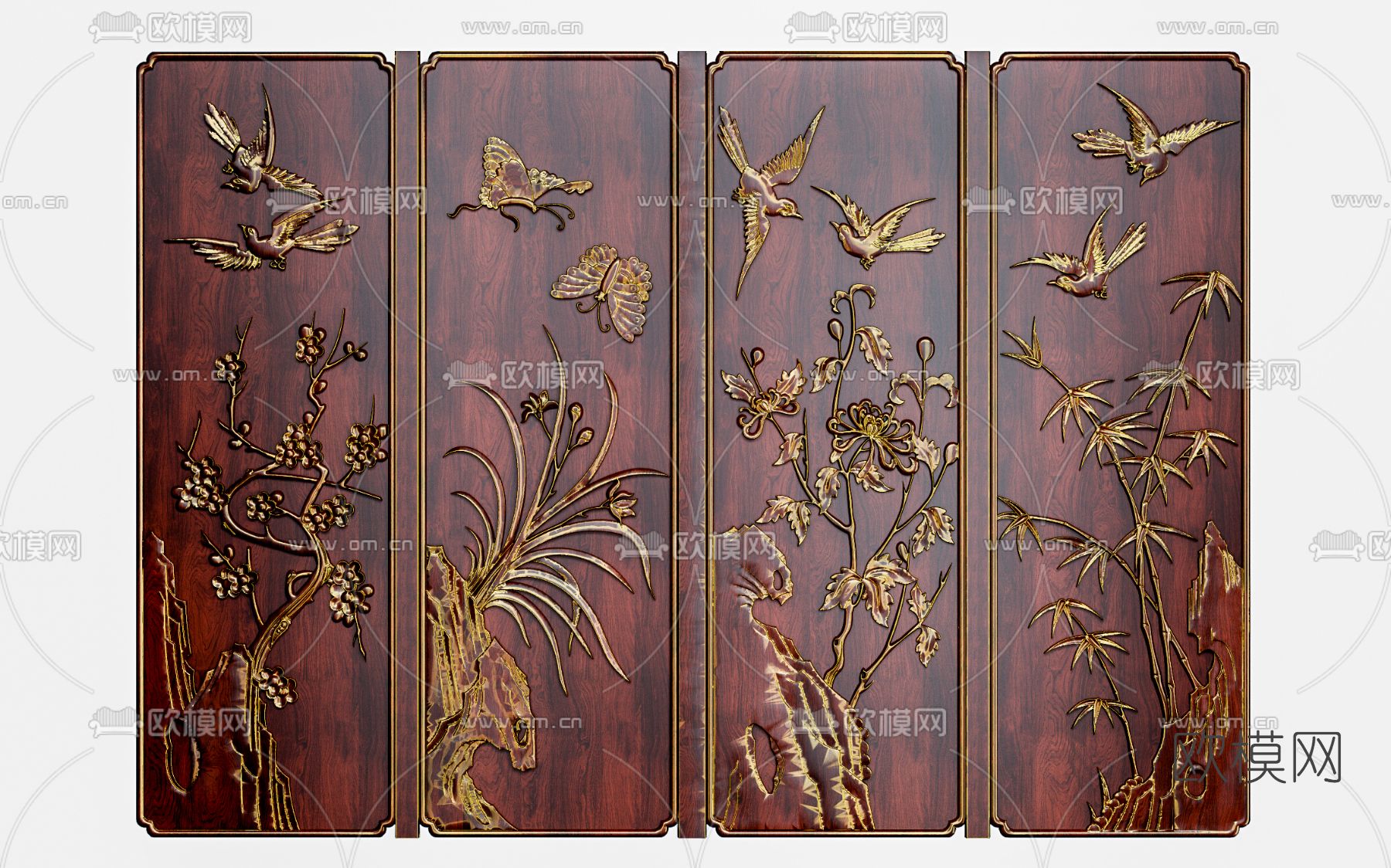 新中式梅兰竹浮雕屏风3d模型下载