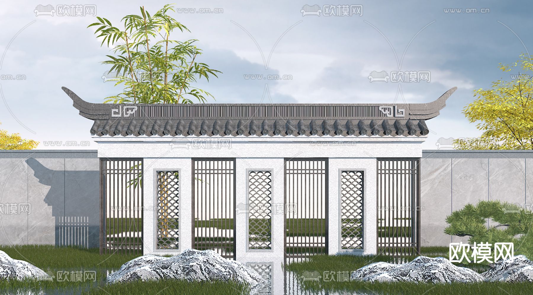 新中式园林景观围墙3d模型