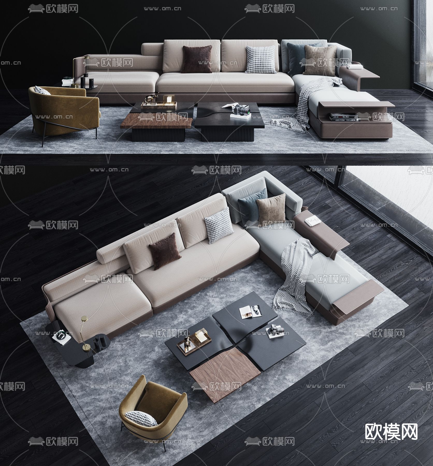 现代布艺转角组合沙发3d模型