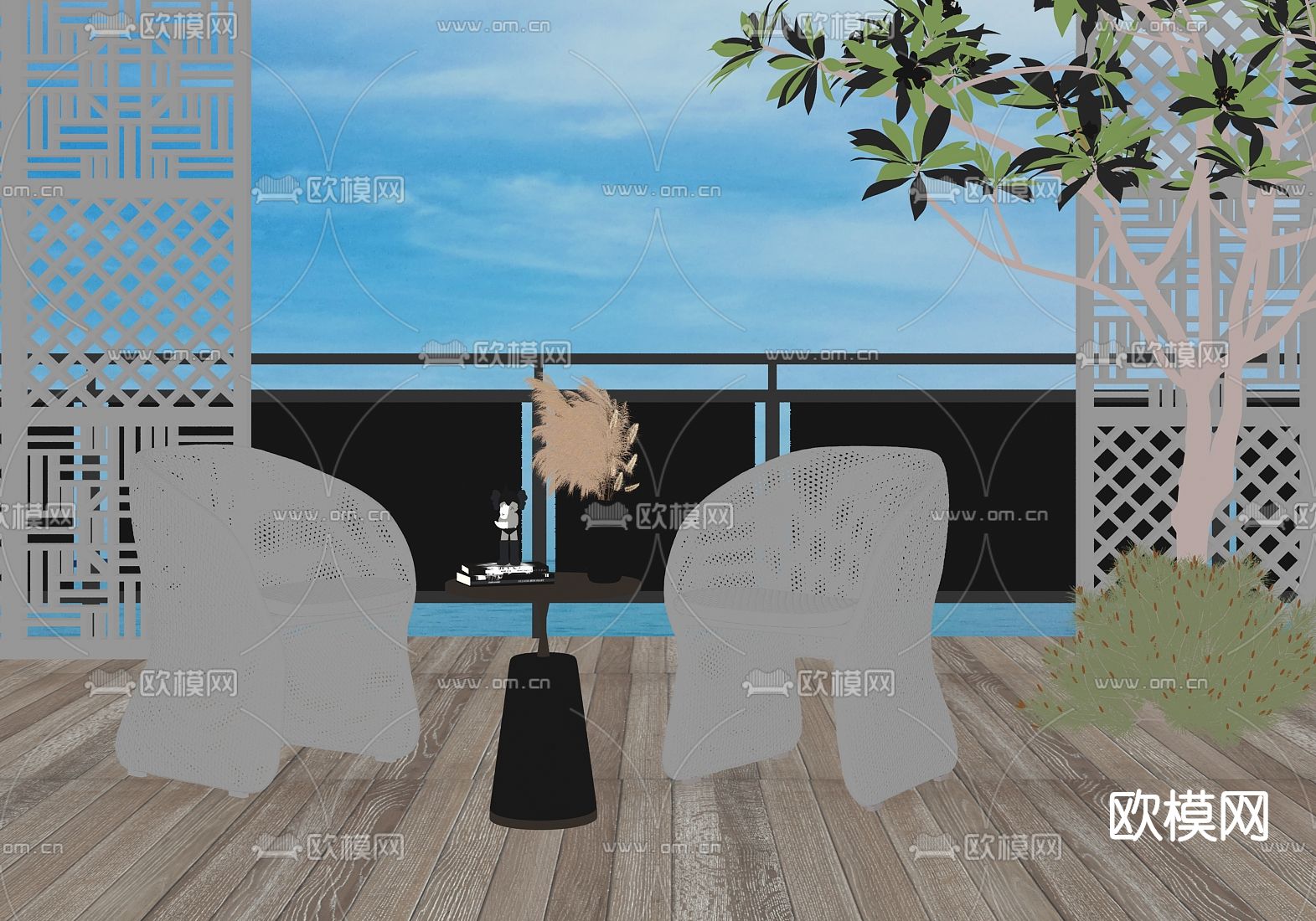 现代户外藤编椅su模型下载（渲染图2）