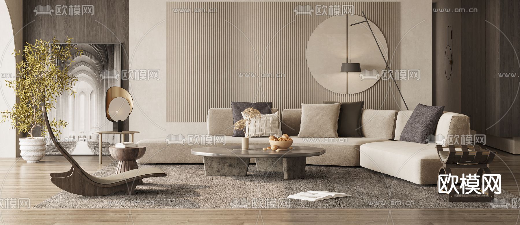 侘寂布艺弧形沙发组合3d模型下载（渲染图2）