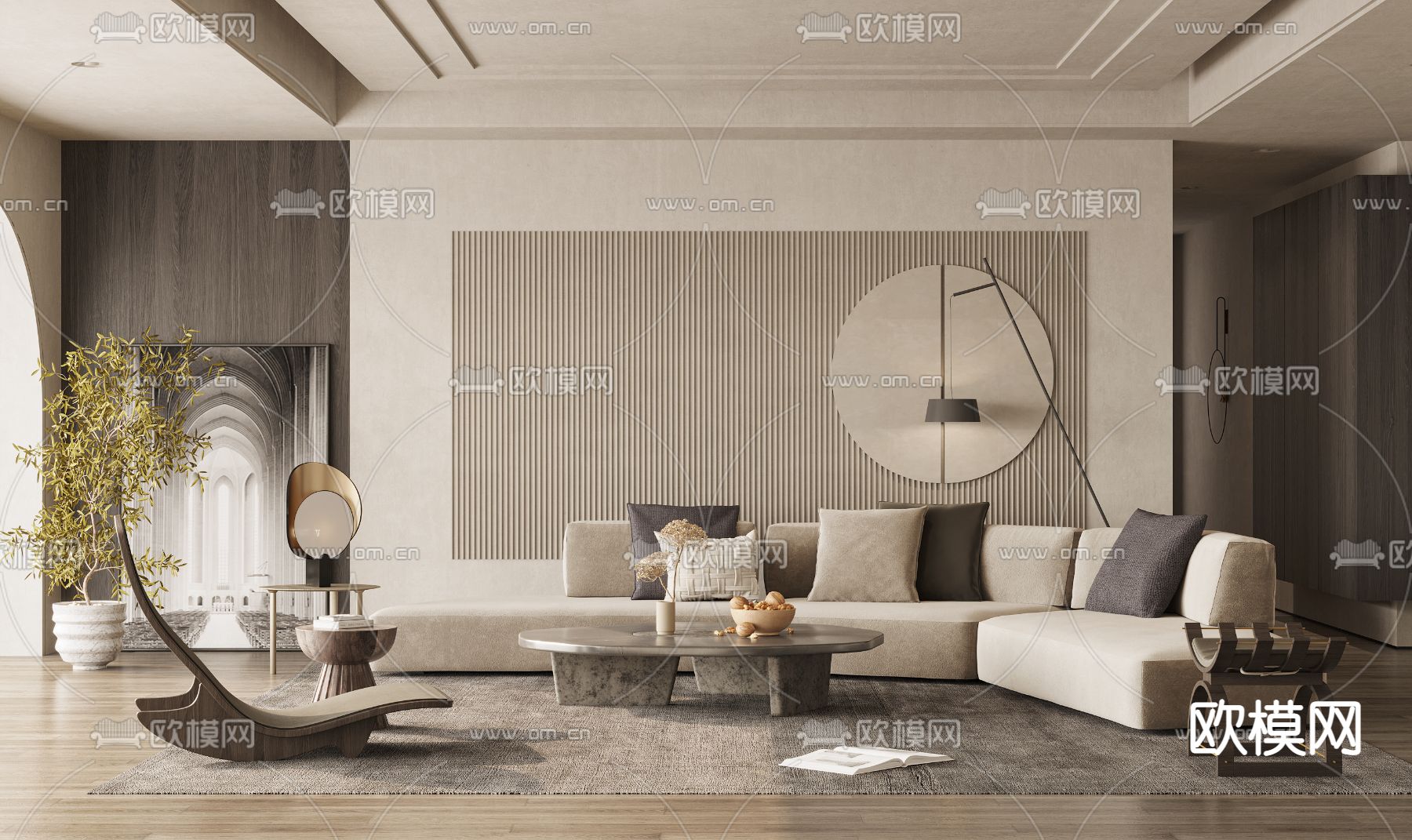 侘寂布艺弧形沙发组合3d模型下载（渲染图1）