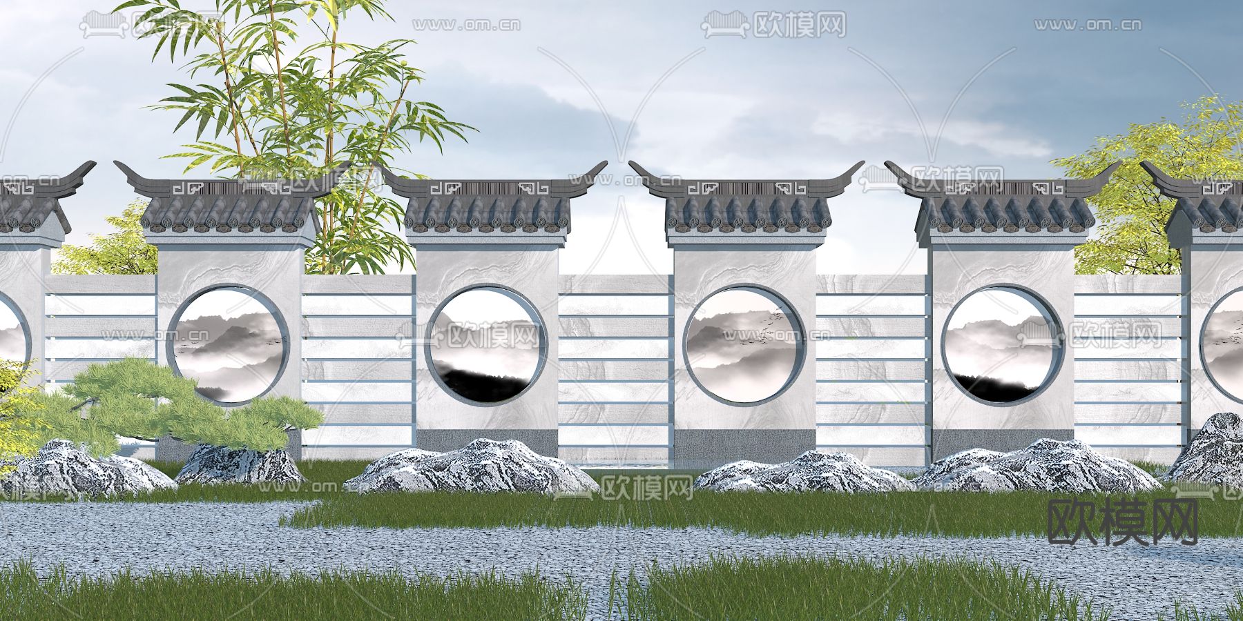 新中式围墙园林景观小品3d模型