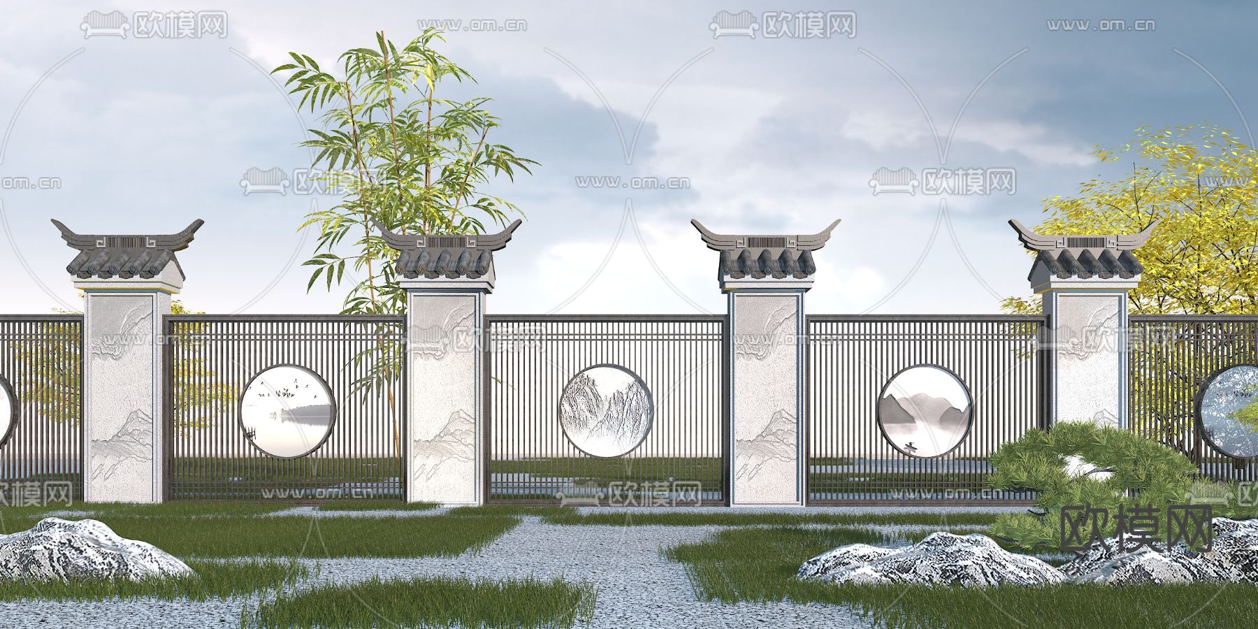 新中式园林景观围墙3d模型下载