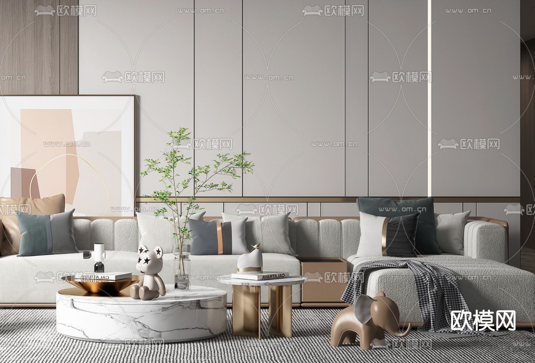 现代布艺转角沙发组合3d模型下载（渲染图3）