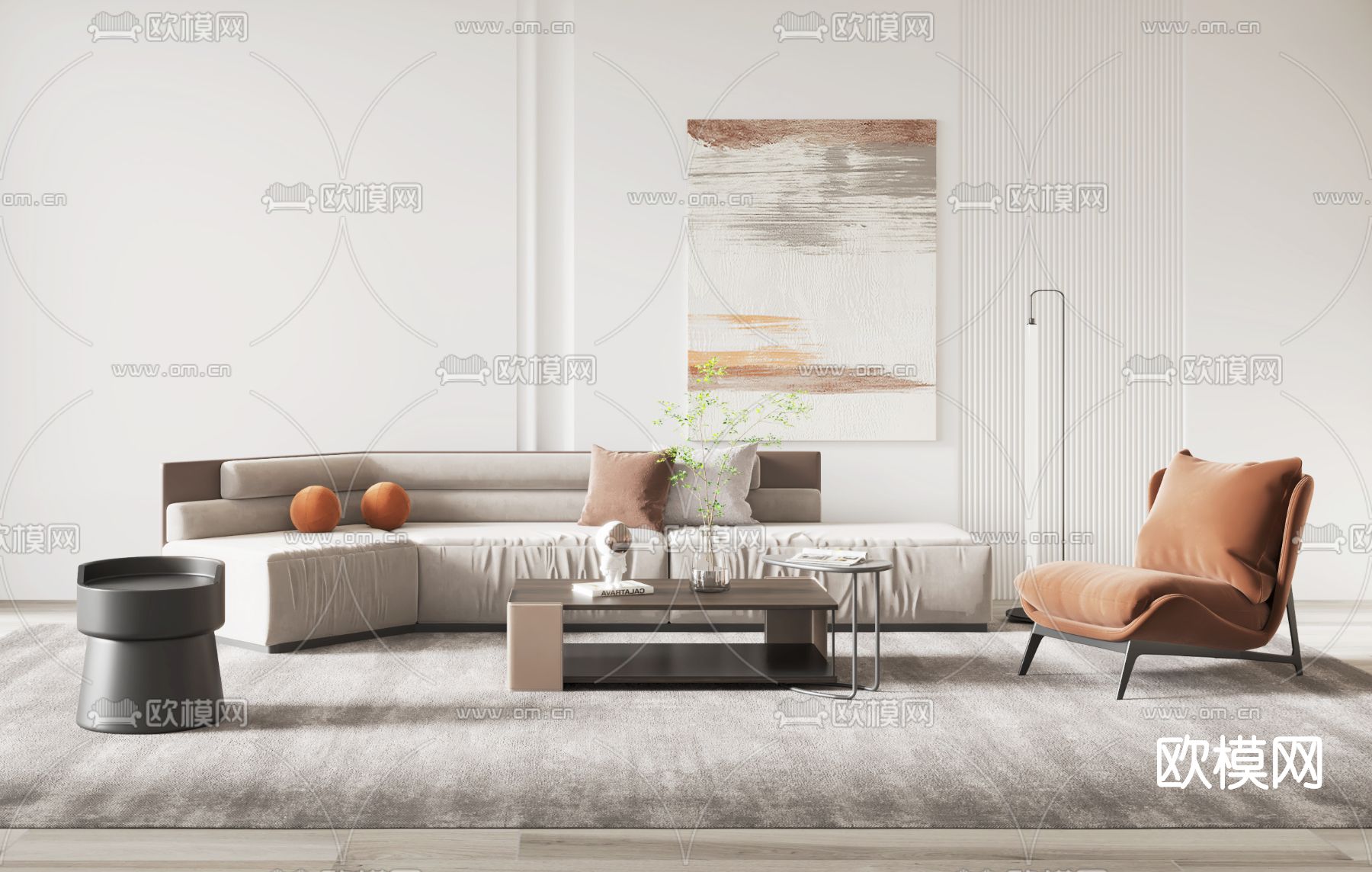 现代布艺沙发组合su模型下载（渲染图1）