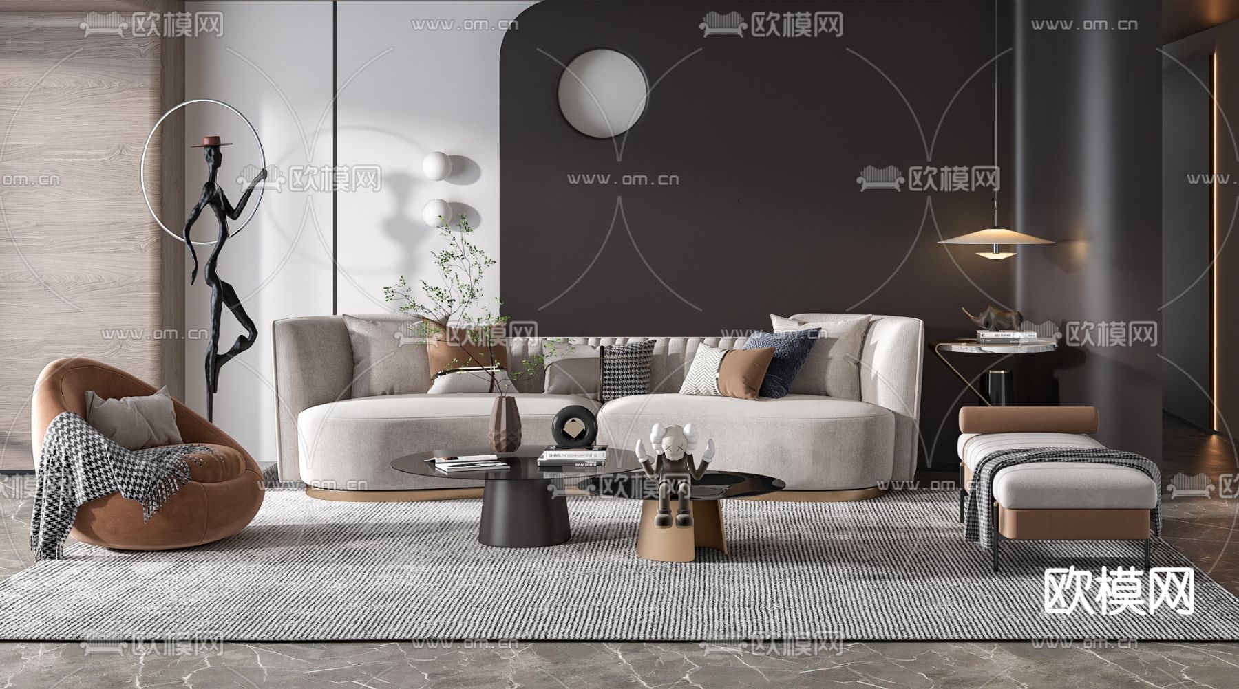 现代布艺弧形沙发组合3d模型