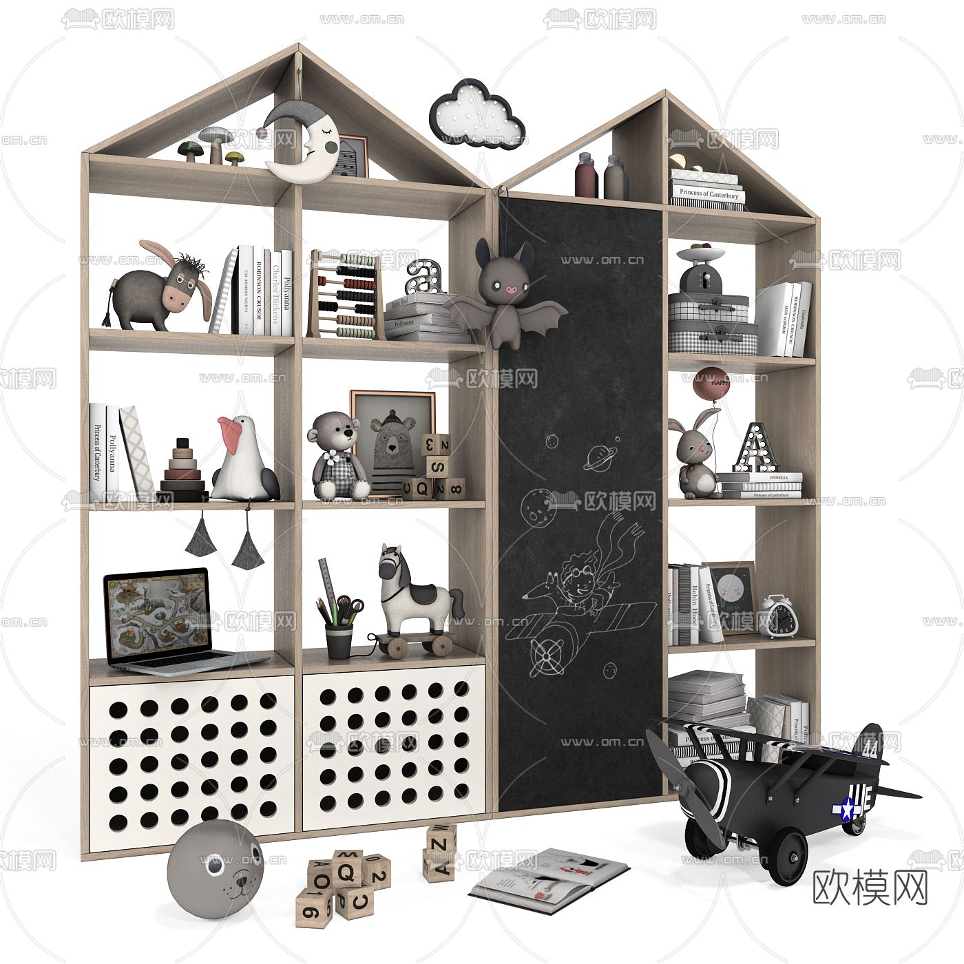 现代儿童书柜装饰柜3d模型下载（渲染图1）