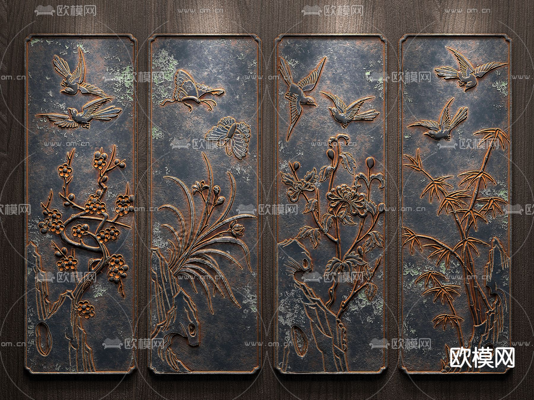 中式梅兰竹菊浮雕3d模型