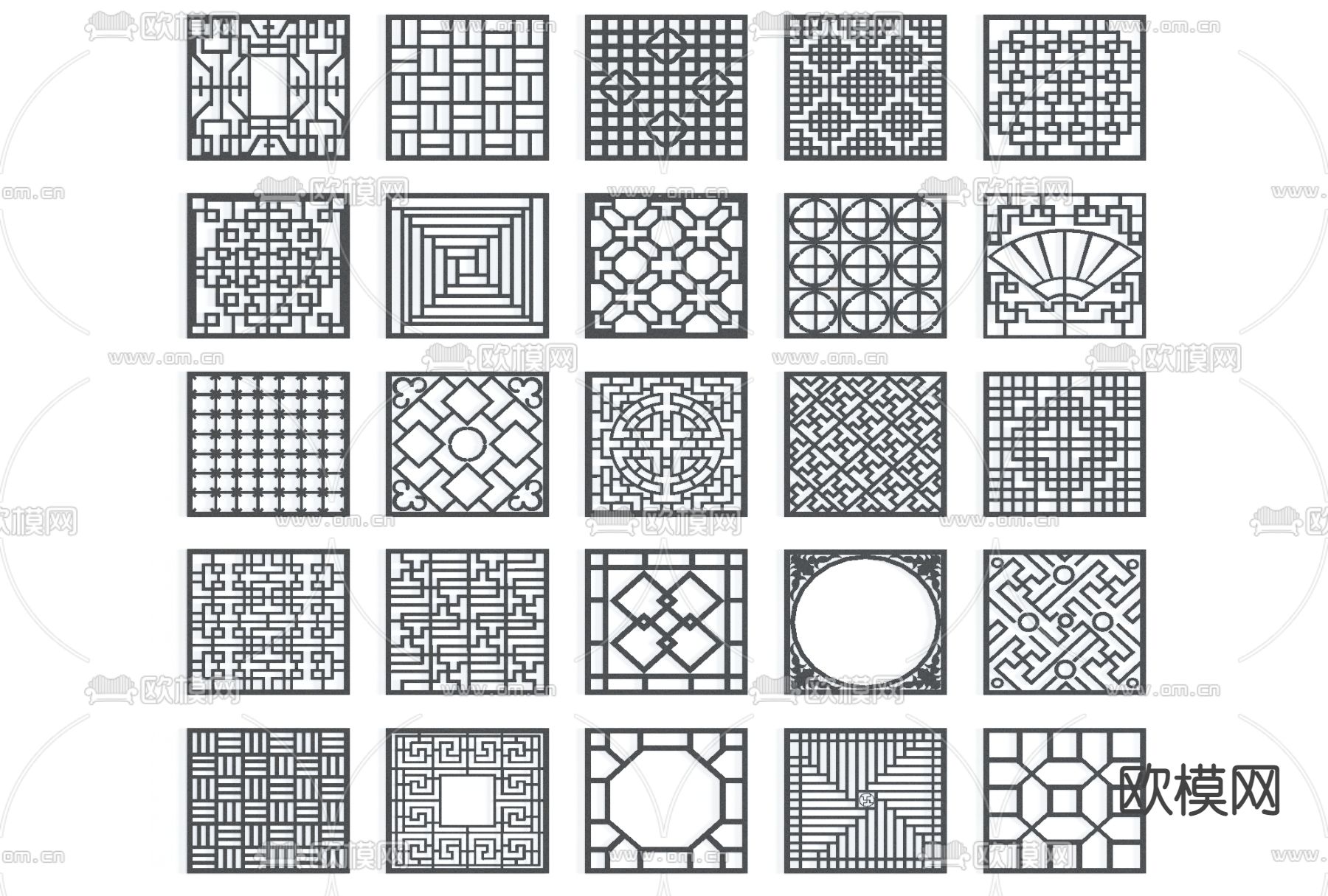 中式镀金花格窗免费3d模型下载