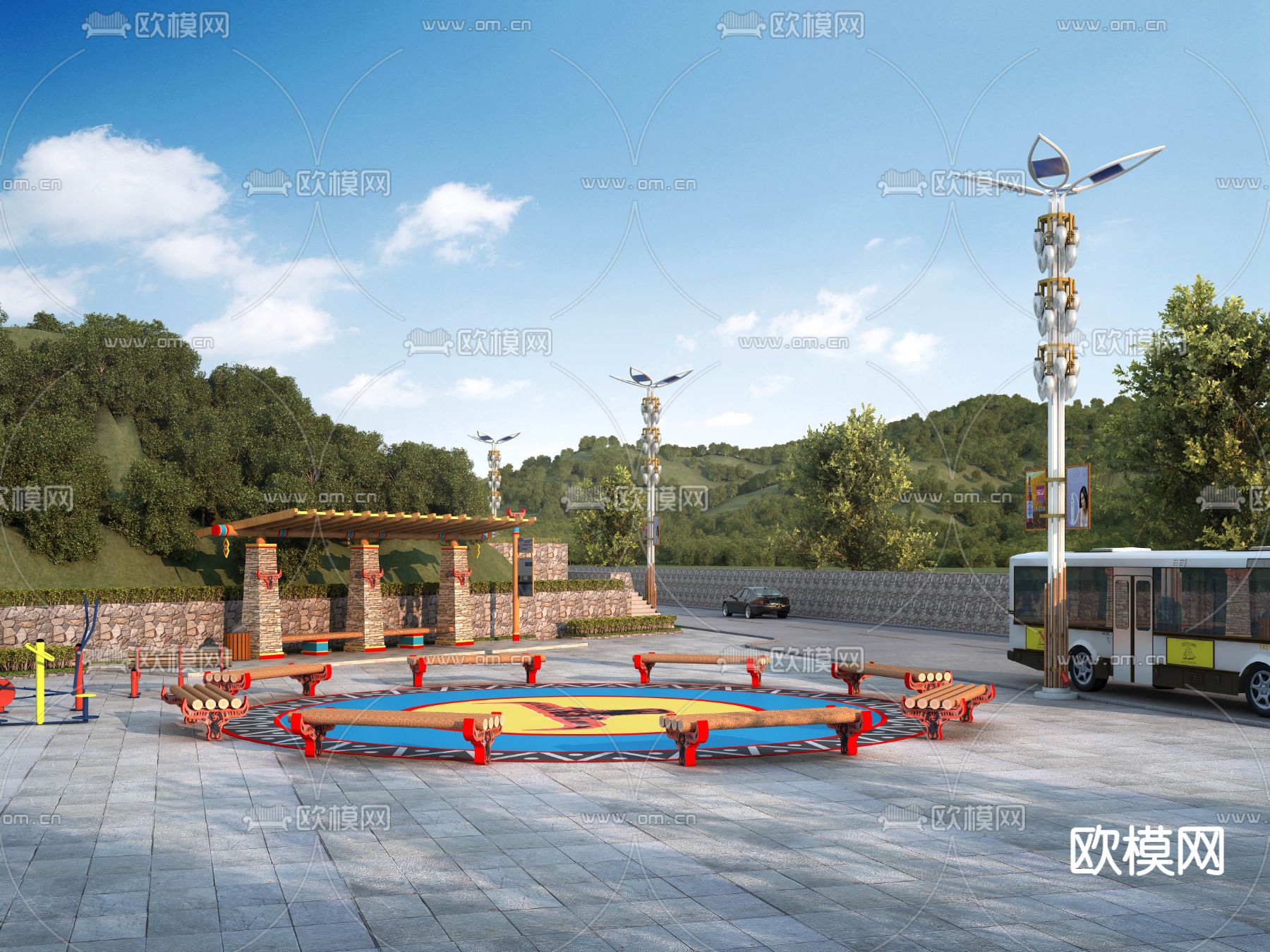 现代藏式广场公交候车厅3d模型下载