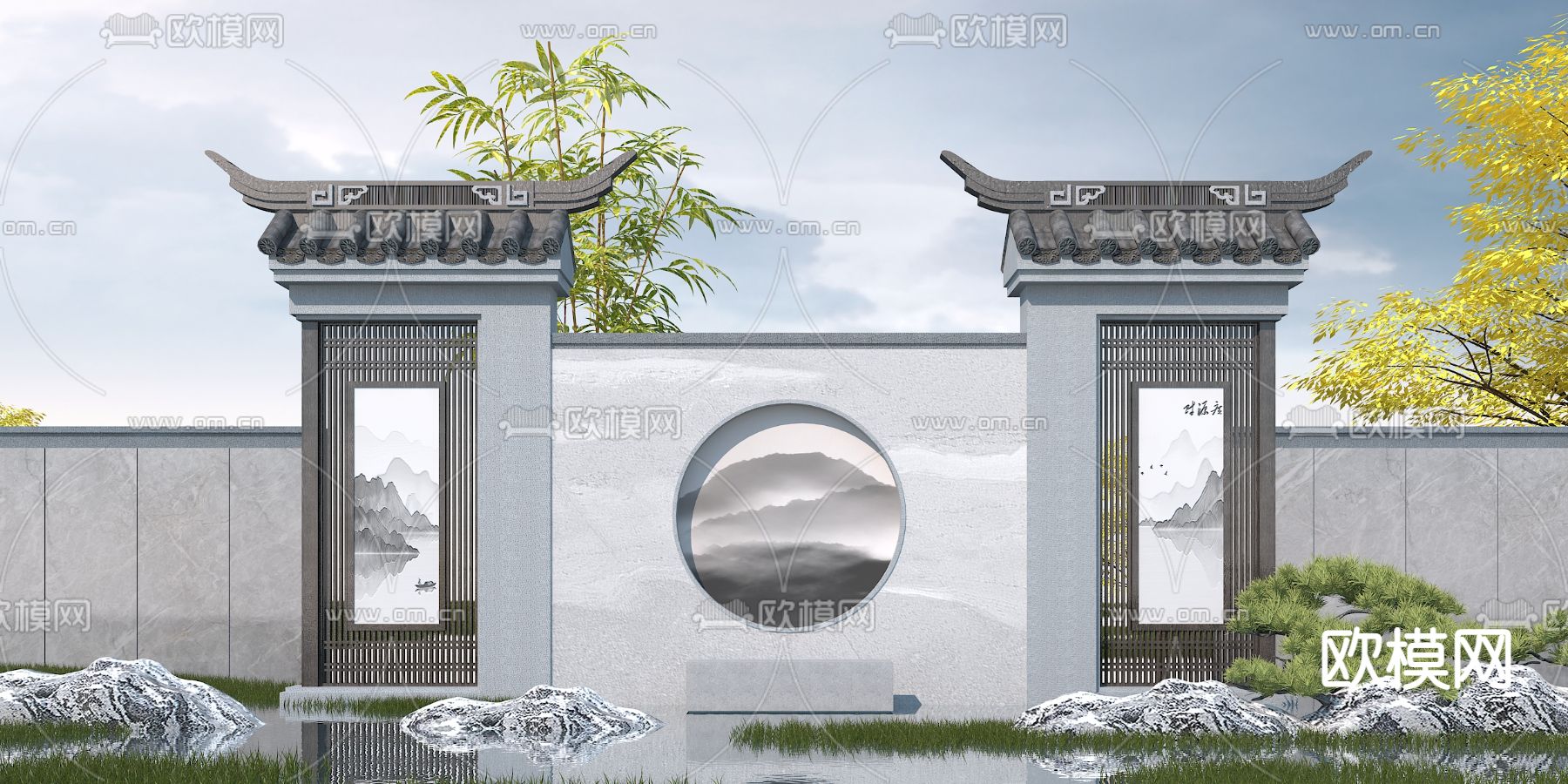 新中式园林景观围墙3d模型