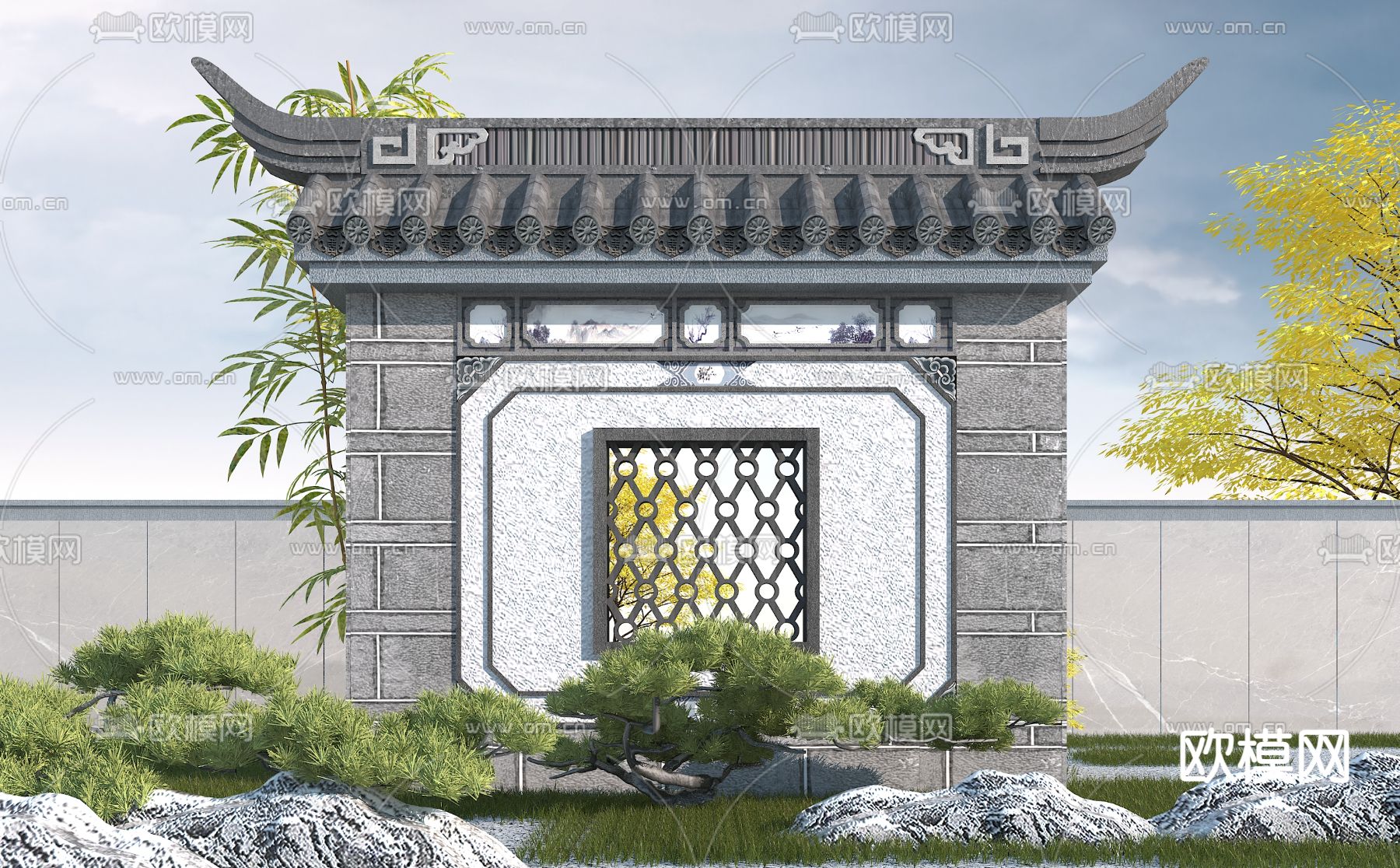中式园林景观墙3d模型