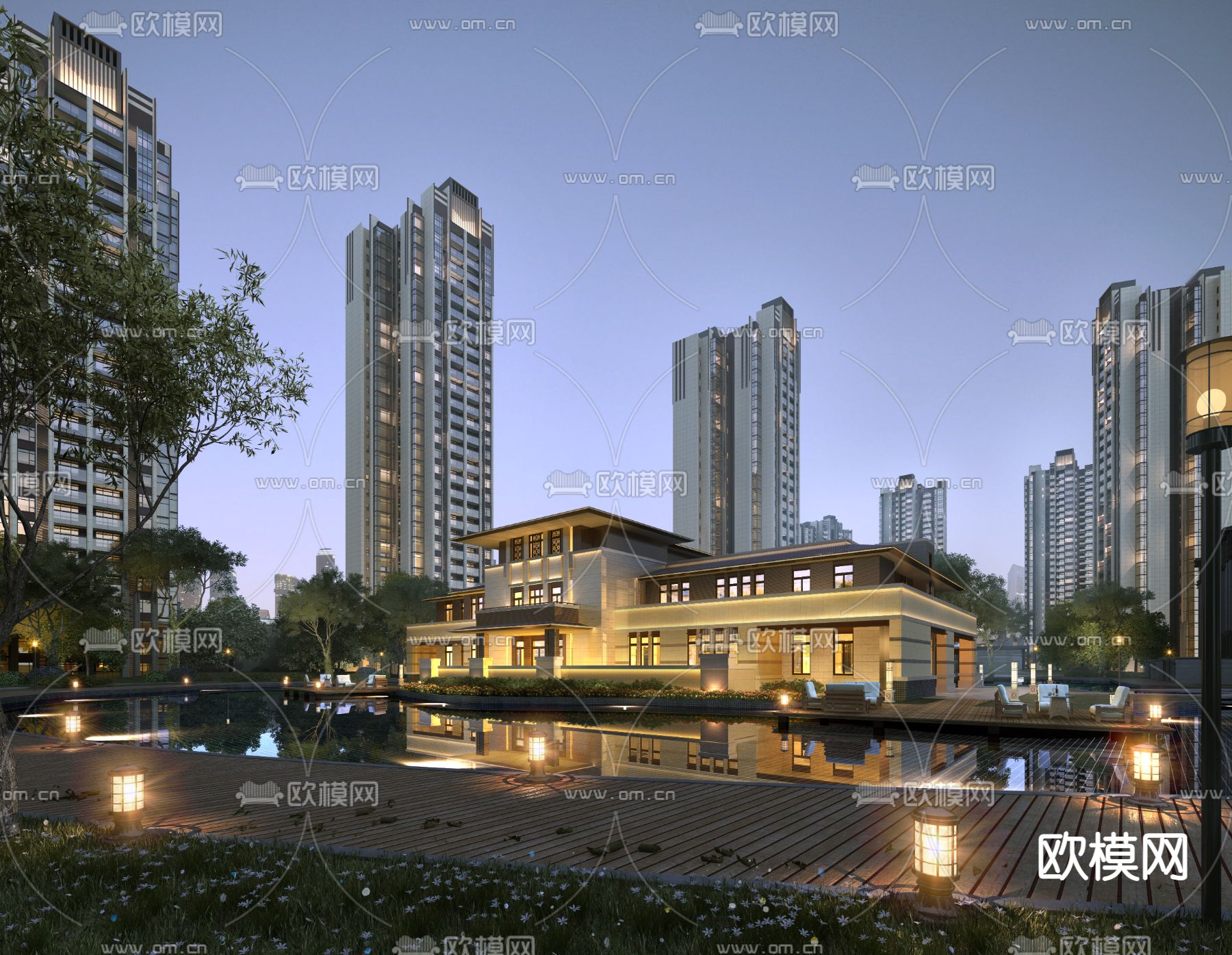 简欧住宅区会所外观夜景3d模型下载