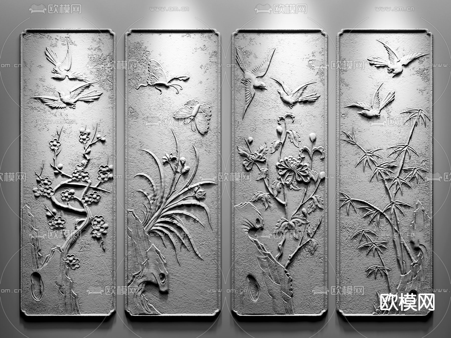 中式梅兰竹菊浮雕3d模型