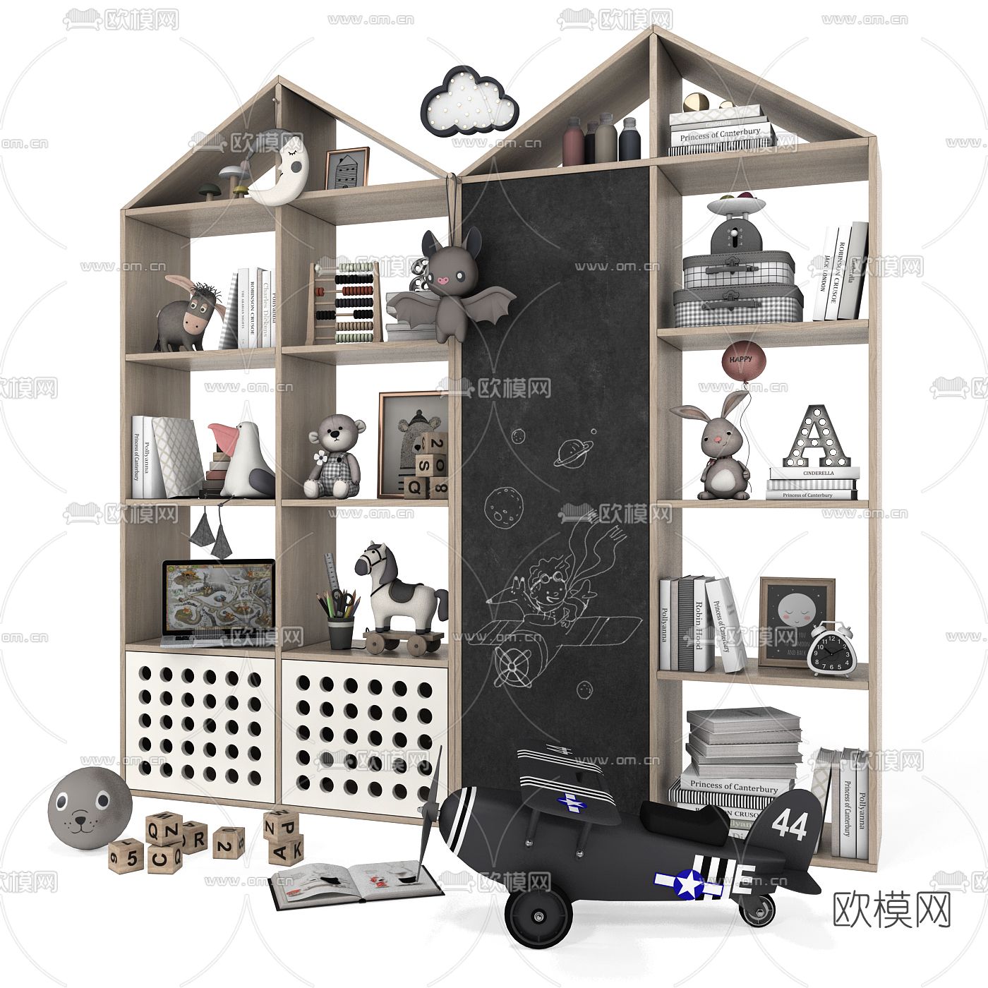 现代儿童书柜装饰柜3d模型下载（渲染图2）