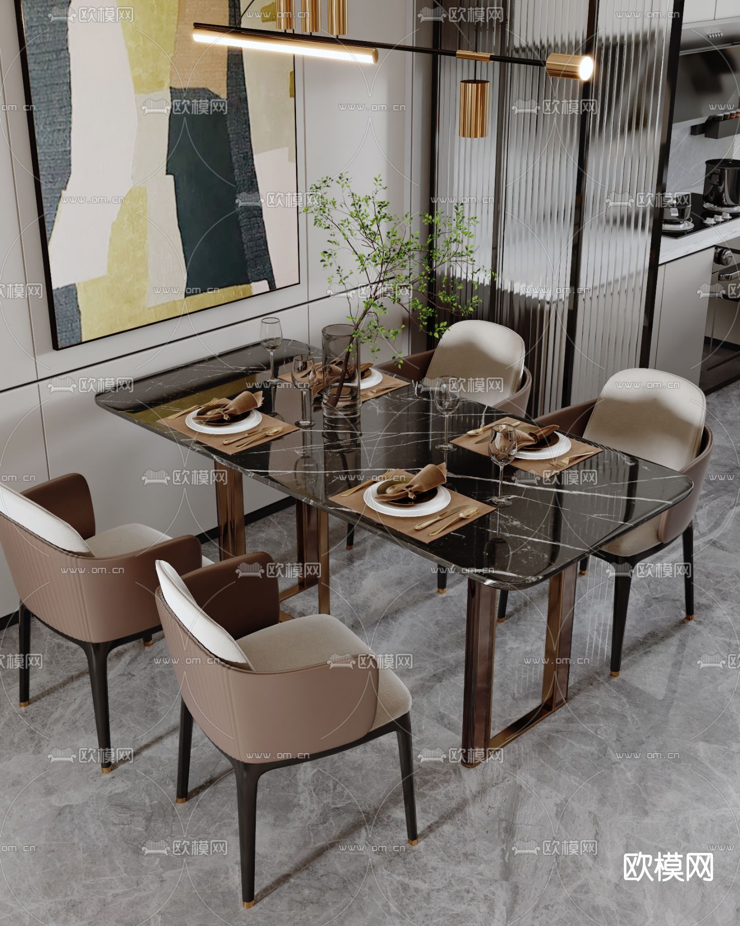 现代轻奢客厅餐厅3d模型