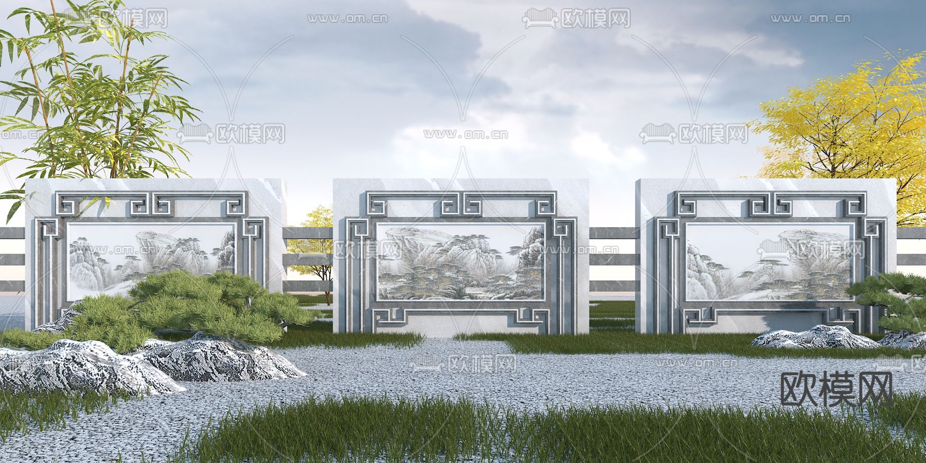 新中式园林景观墙3d模型下载