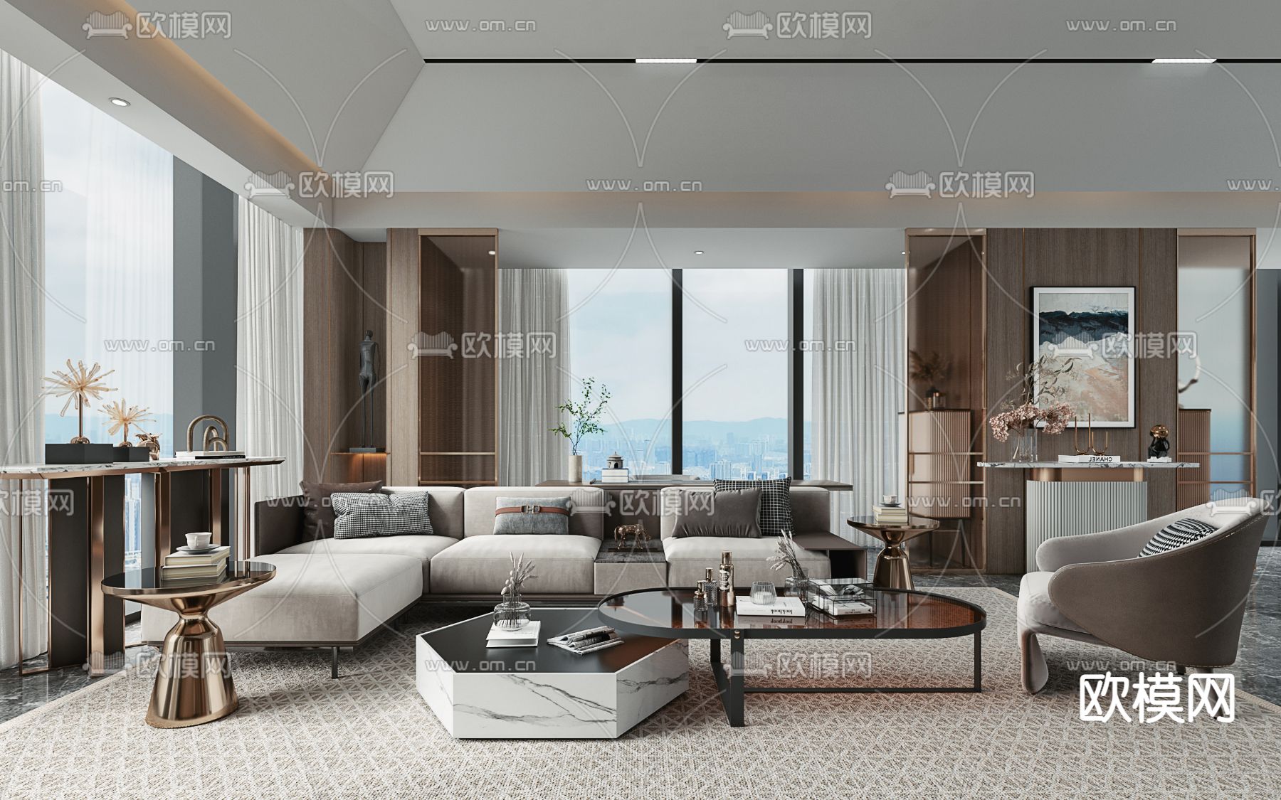 现代布艺转角沙发组合3d模型