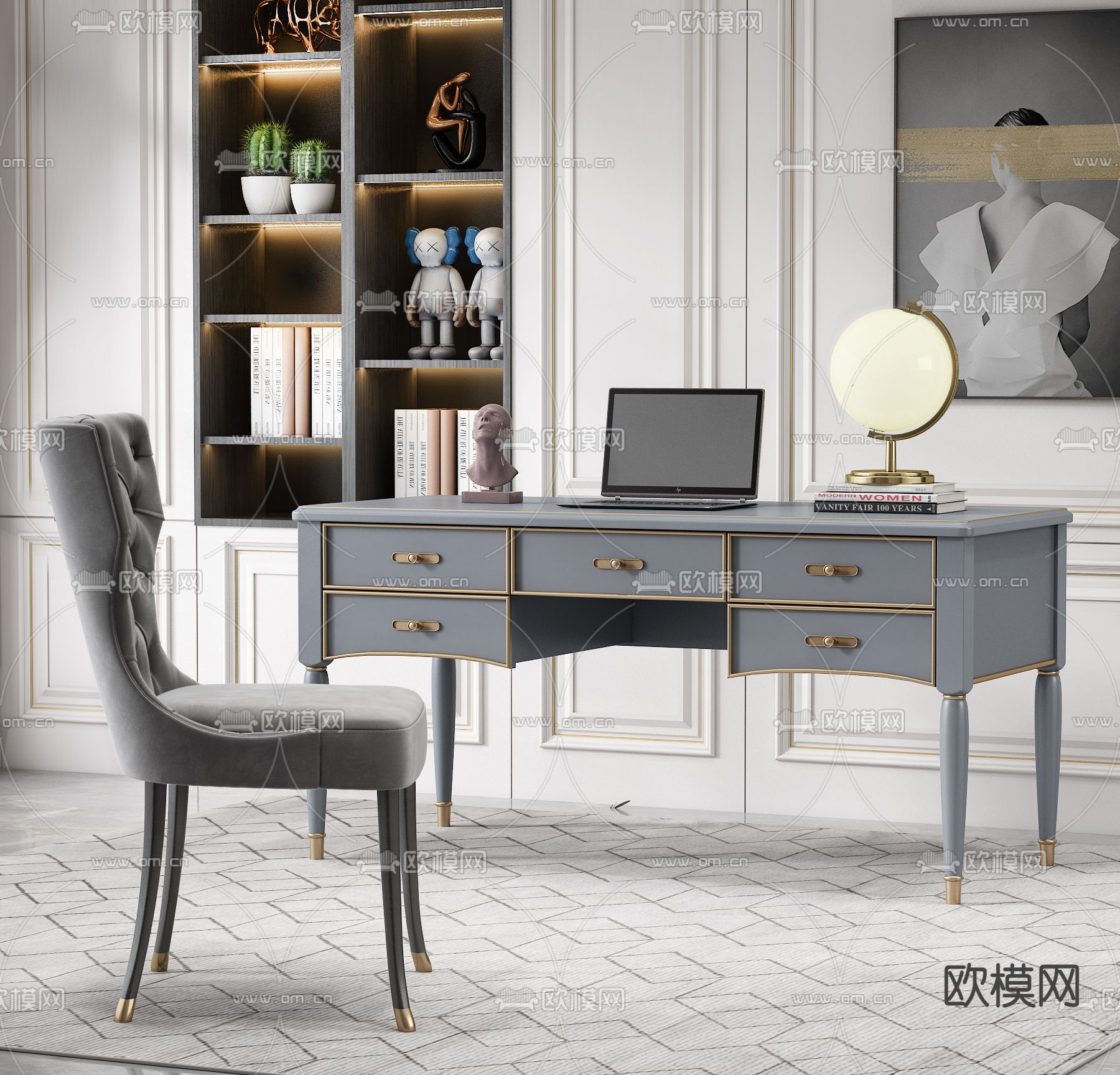 美式轻奢书桌椅3d模型下载