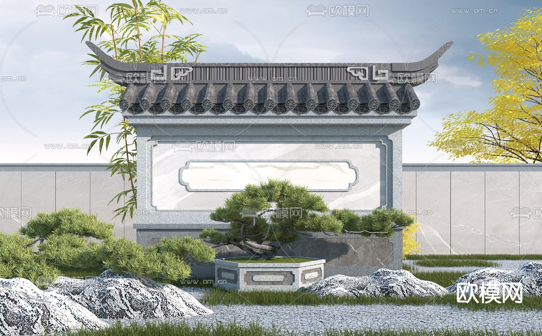 中式园林景观墙3d模型