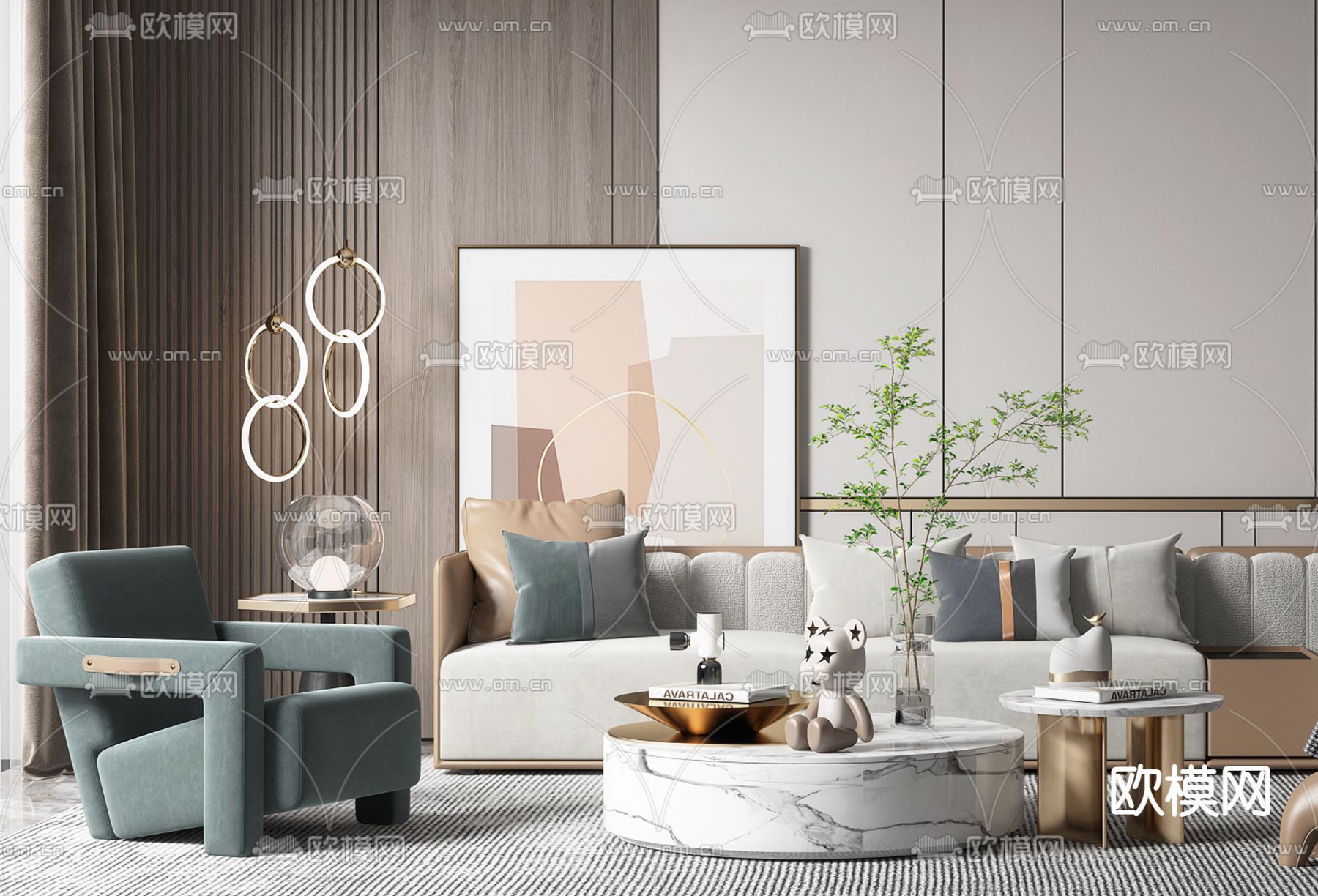 现代布艺转角沙发组合3d模型下载（渲染图2）