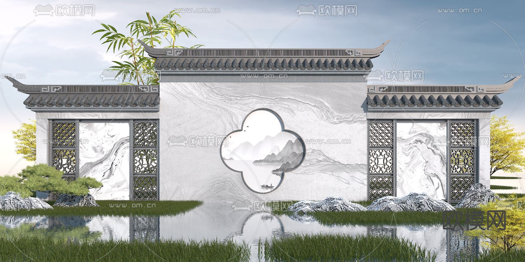 新中式园林景观墙3d模型下载