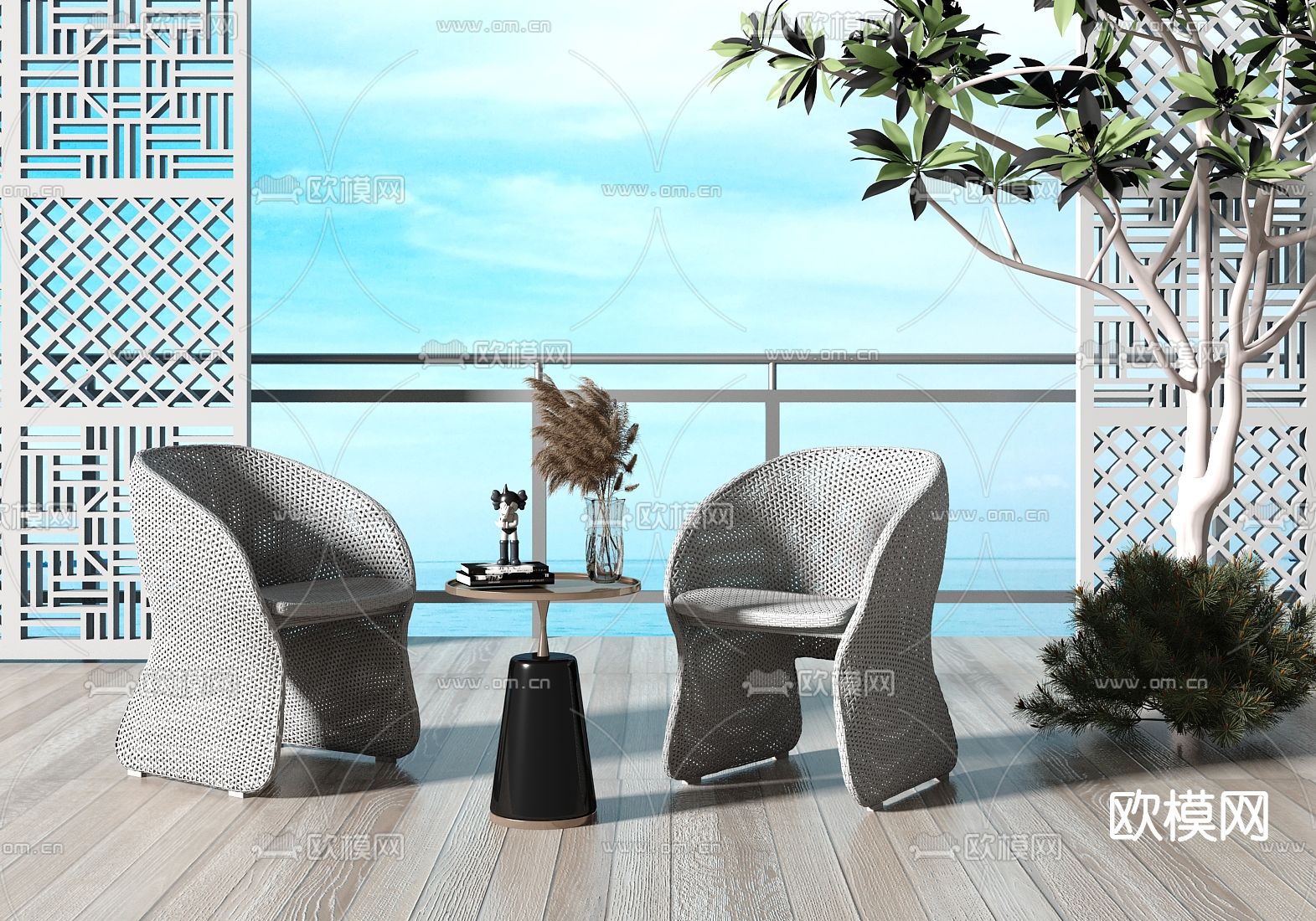 现代户外藤编椅su模型下载（渲染图1）