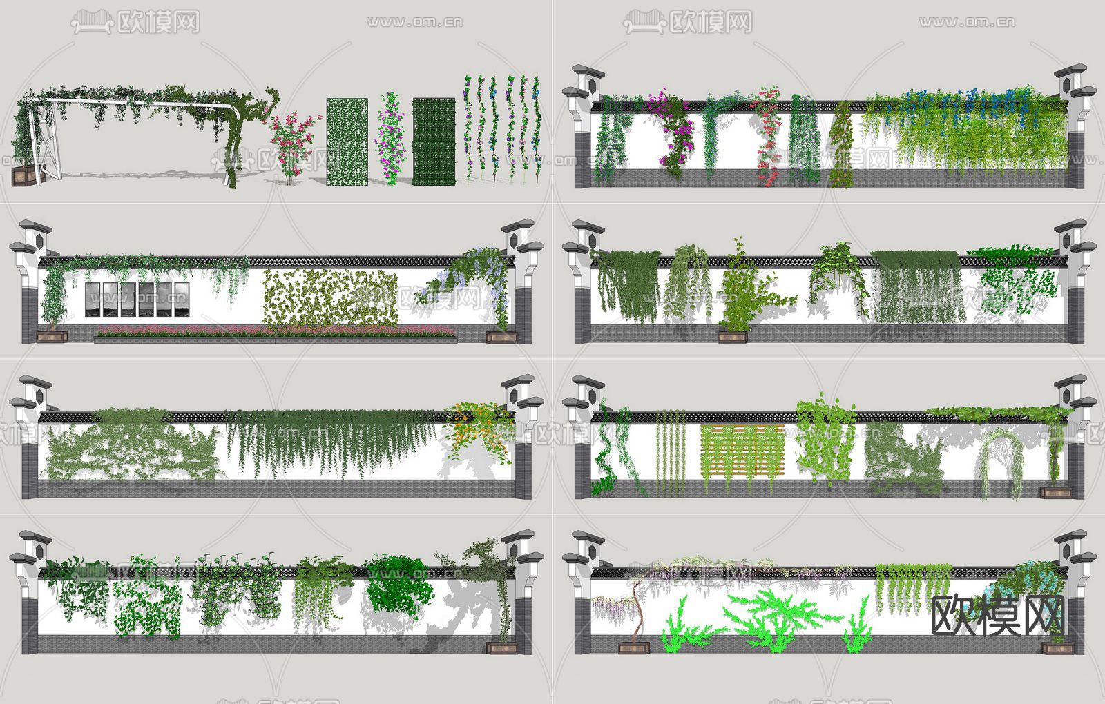 新中式植物景墙su模型