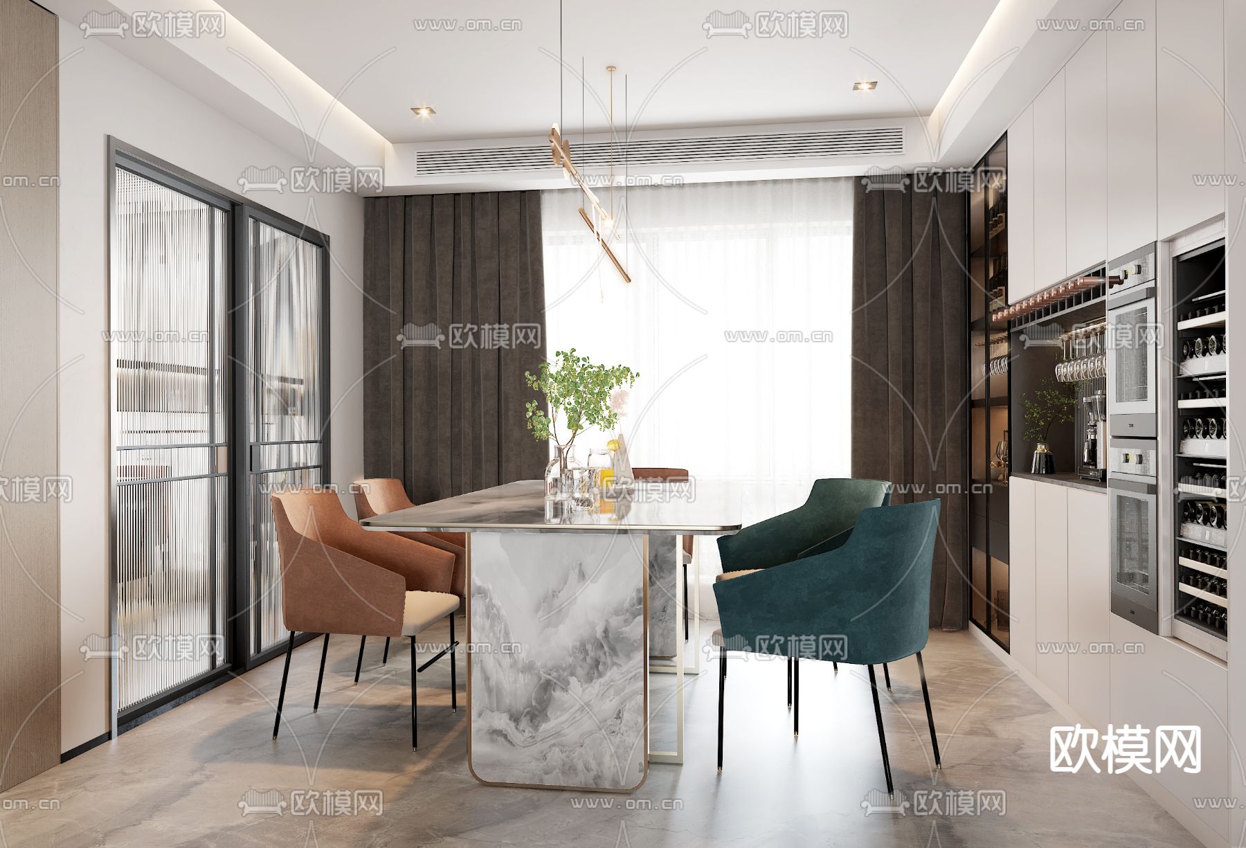 现代轻奢客餐厅3d模型下载（渲染图3）