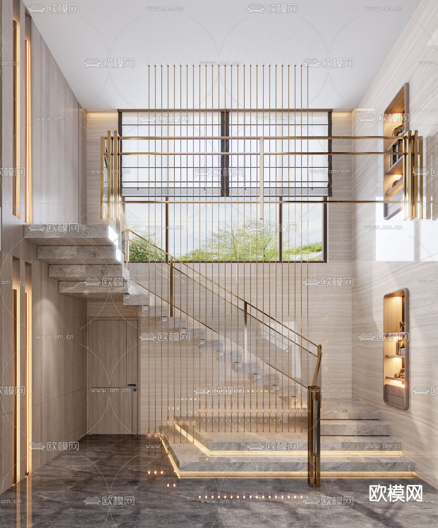 现代轻奢转角楼梯免费3d模型下载