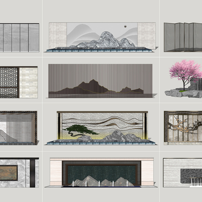 新中式文化景墙su模型