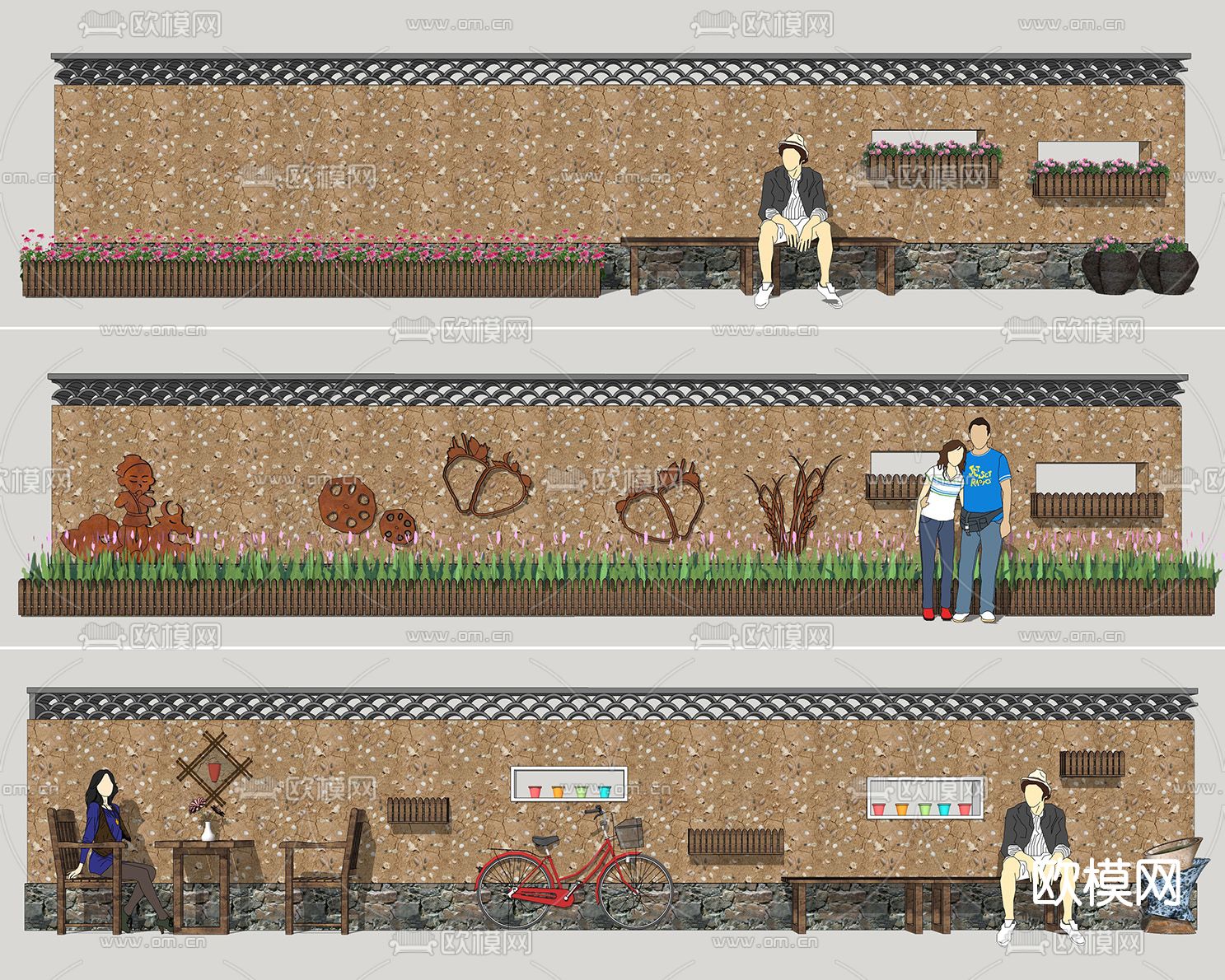 自然风乡村景墙su模型下载