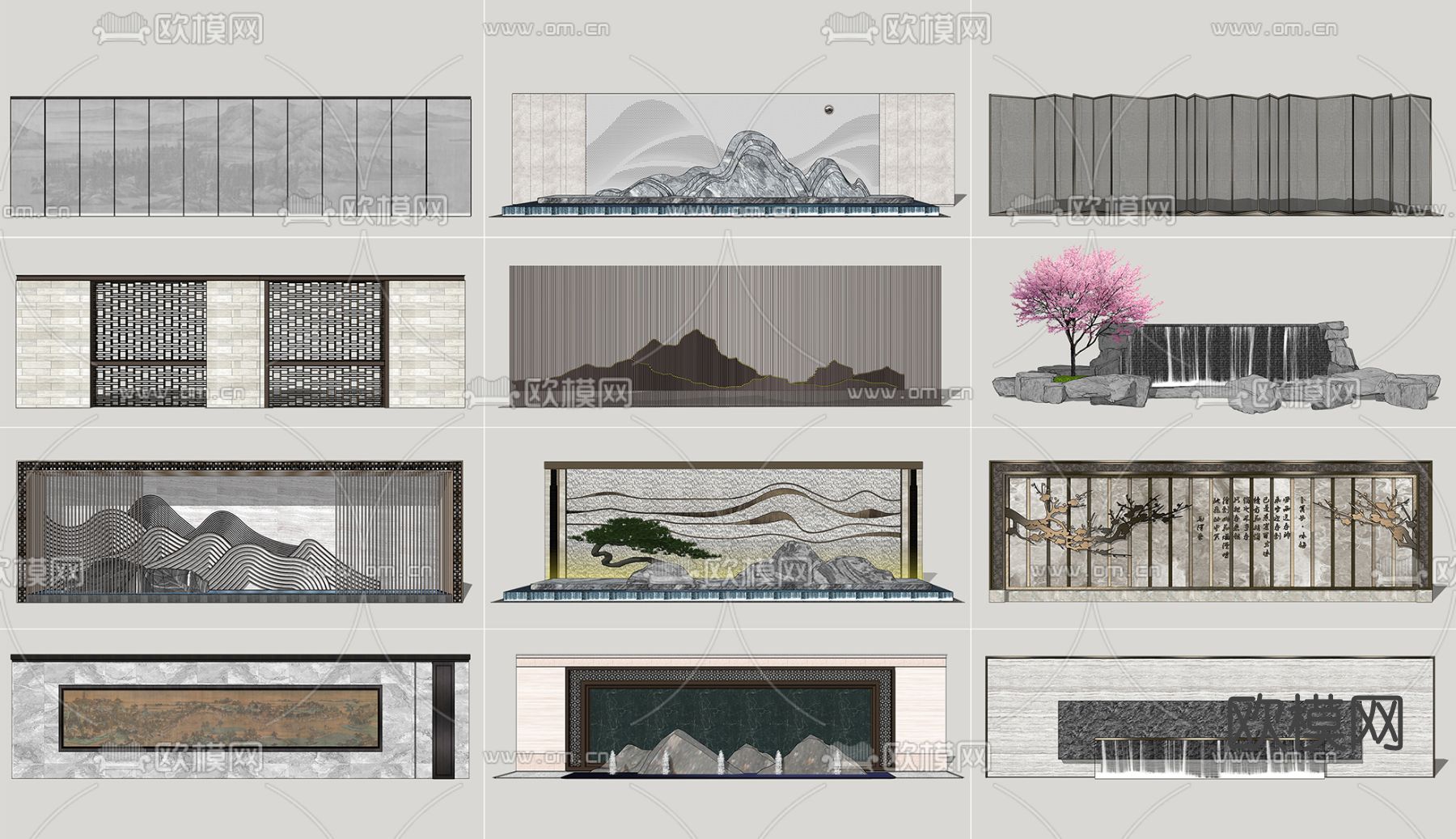 新中式文化景墙su模型