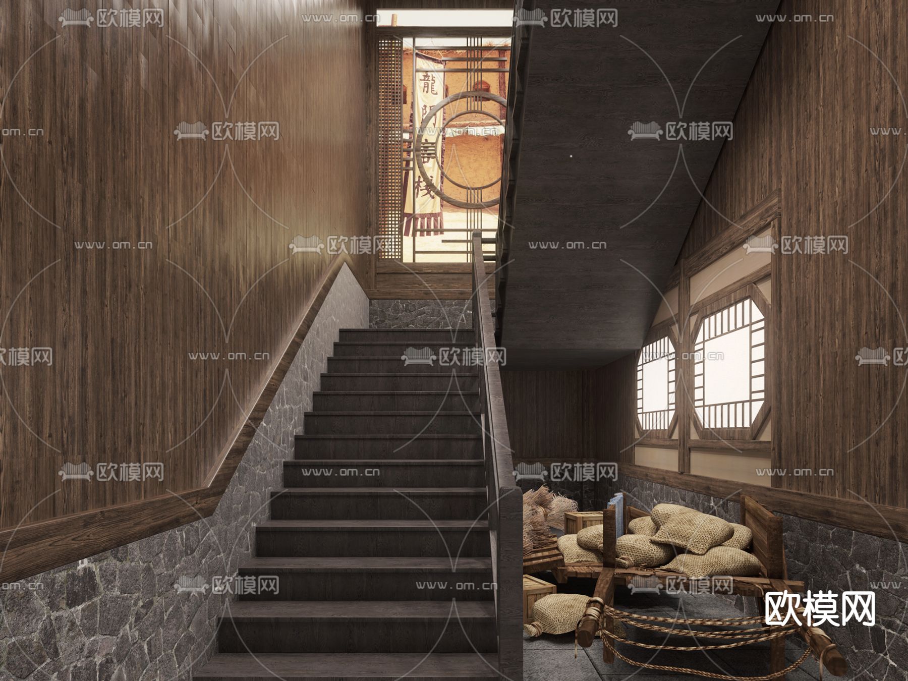 中式公共卫生间楼梯间3d模型下载（渲染图2）