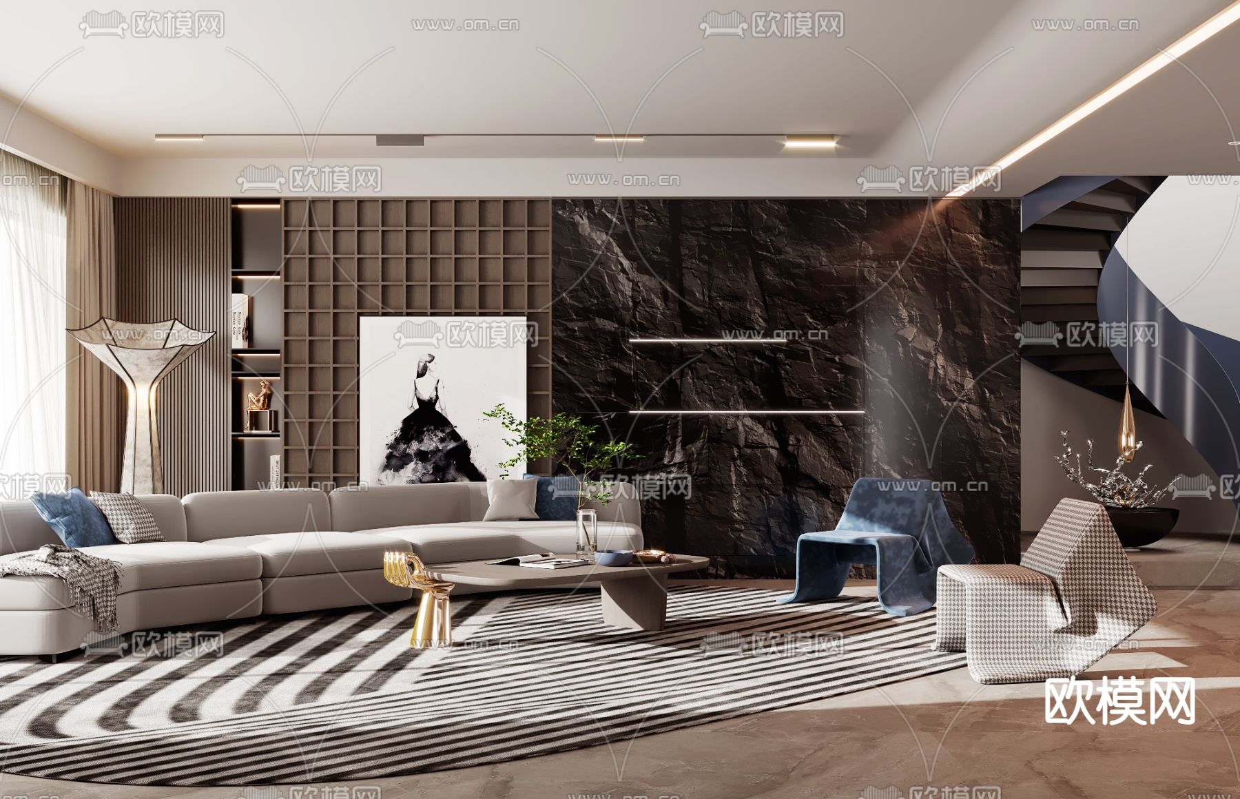 现代布艺转角沙发组合3d模型