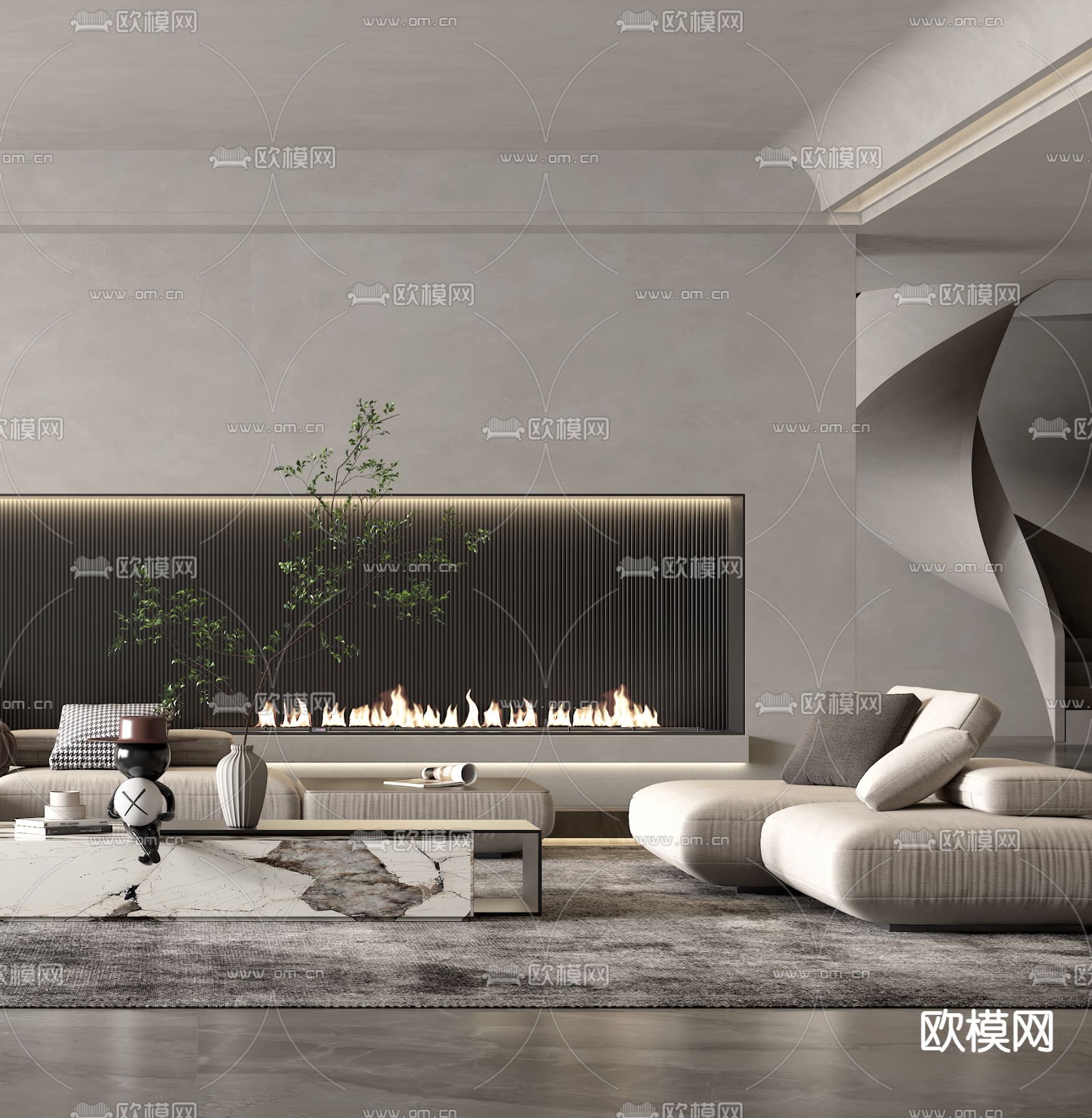 侘寂布艺沙发组合3d模型下载（渲染图3）