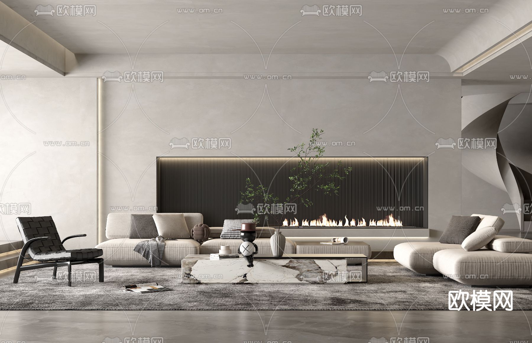 侘寂布艺沙发组合3d模型下载（渲染图1）