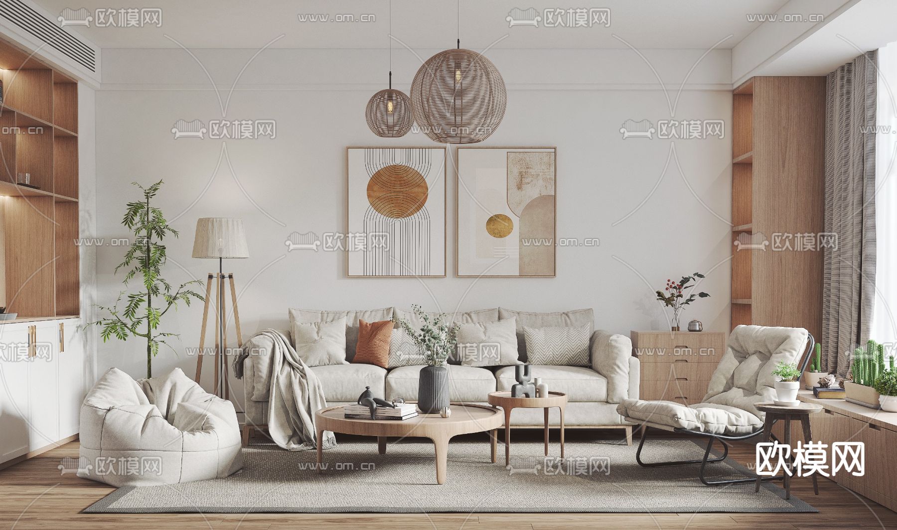 北欧布艺沙发组合3d模型下载（渲染图1）