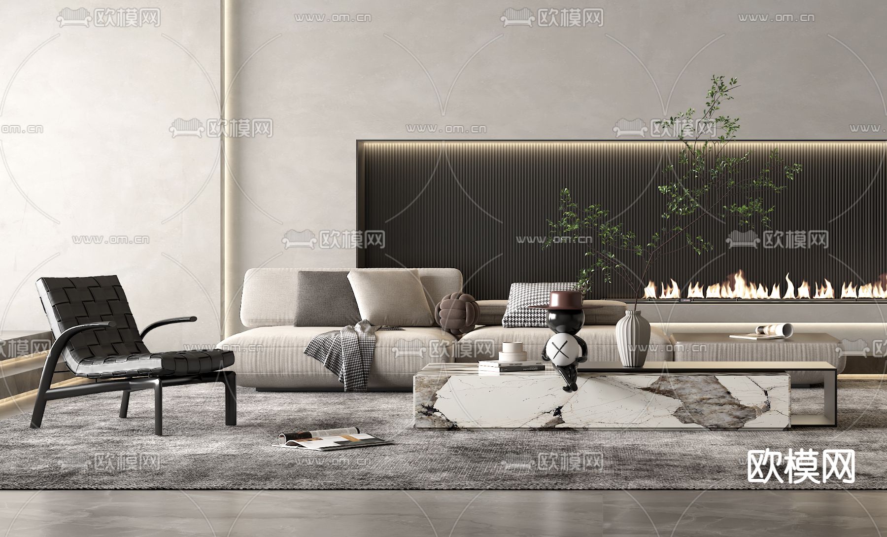 侘寂布艺沙发组合3d模型下载（渲染图2）