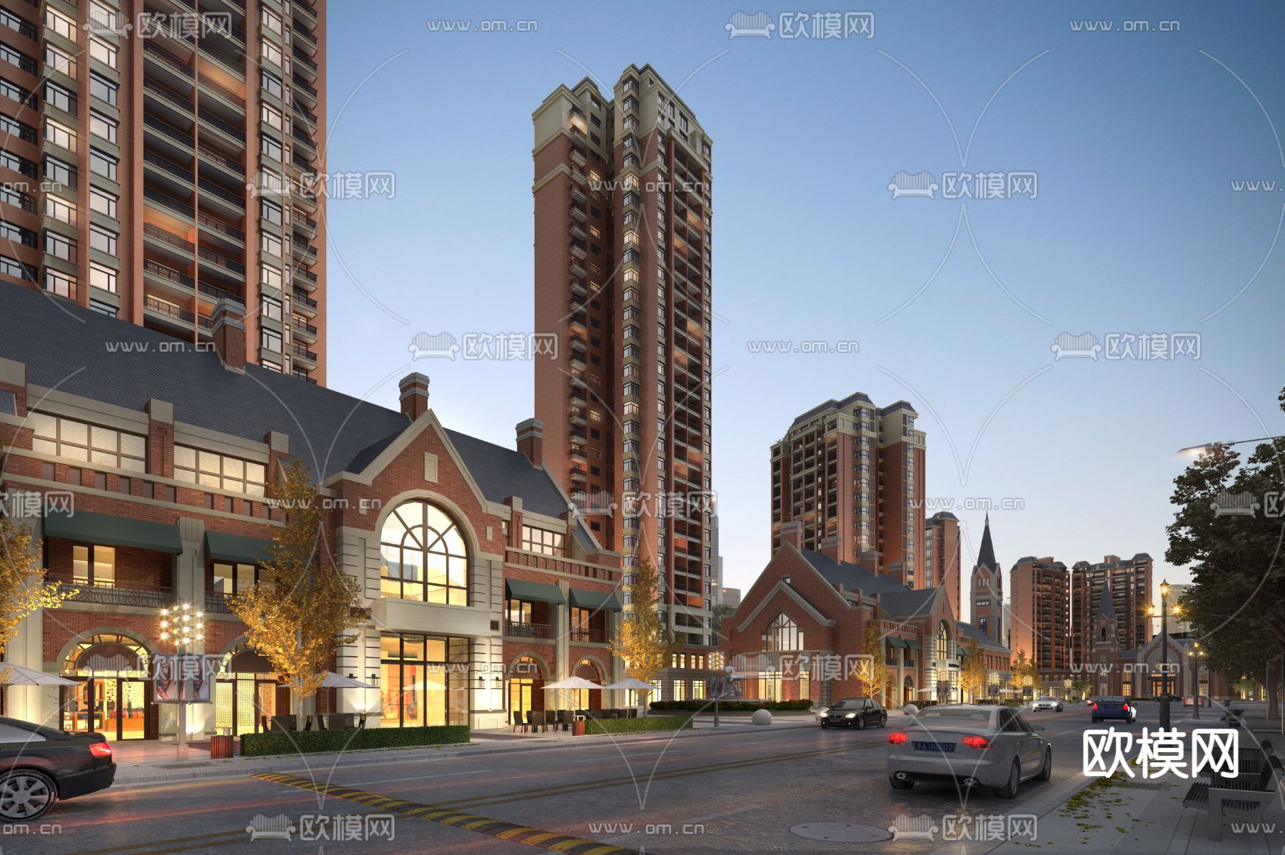 欧式小区住宅夜景建筑外观3d模型下载