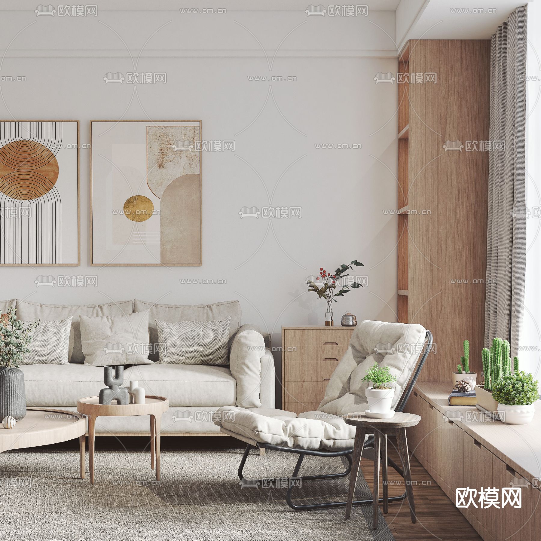 北欧布艺沙发组合3d模型下载（渲染图3）