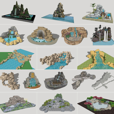  现代假山水景小品su模型 