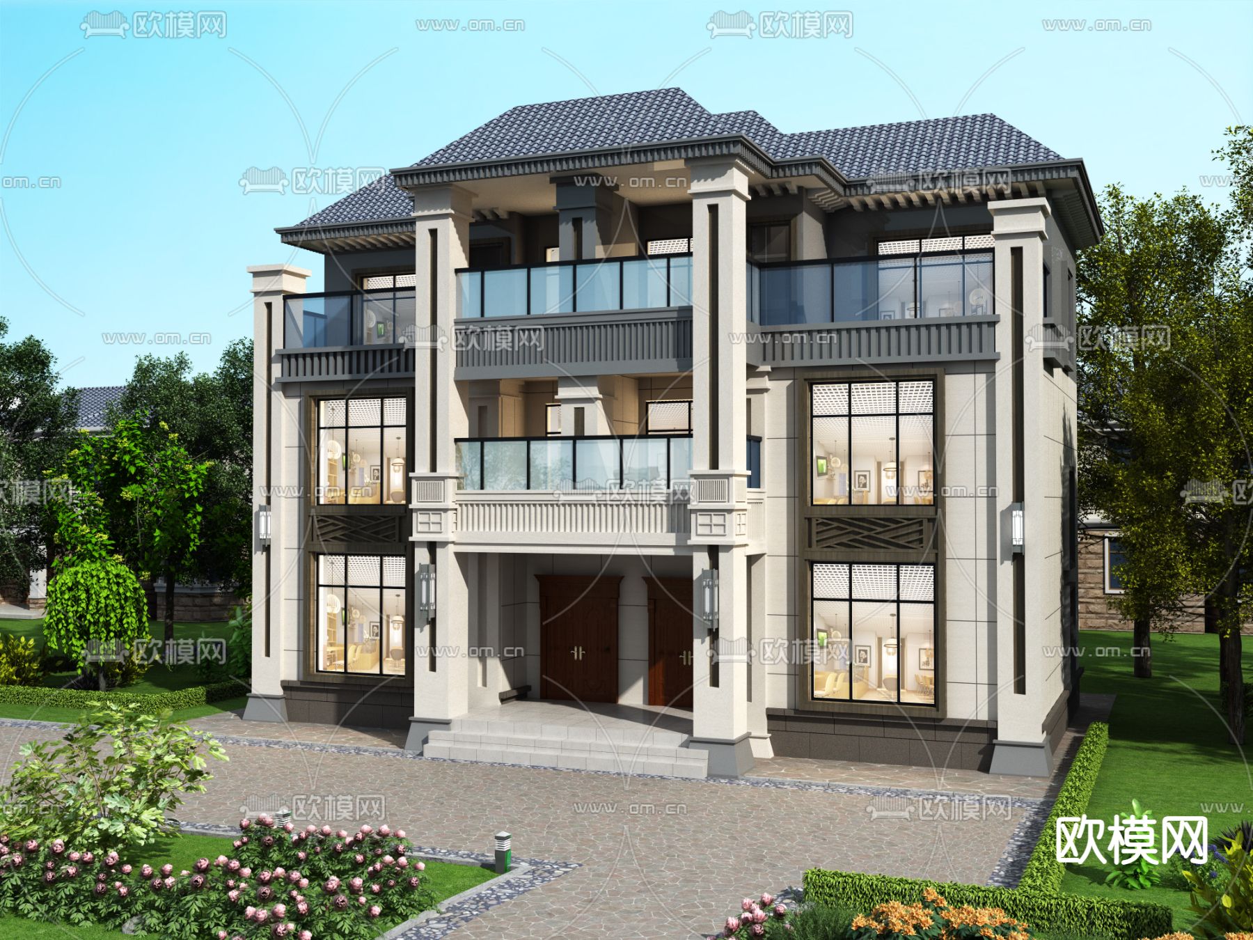 新中式独栋别墅外观免费3d模型下载