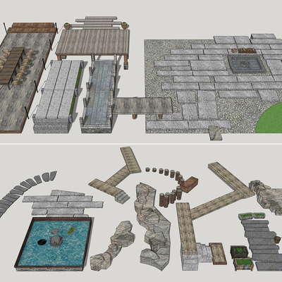 中式铺装小品su模型