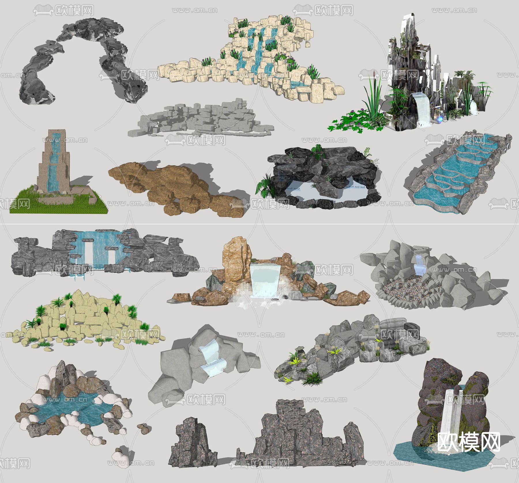 现代假山水景小品su模型