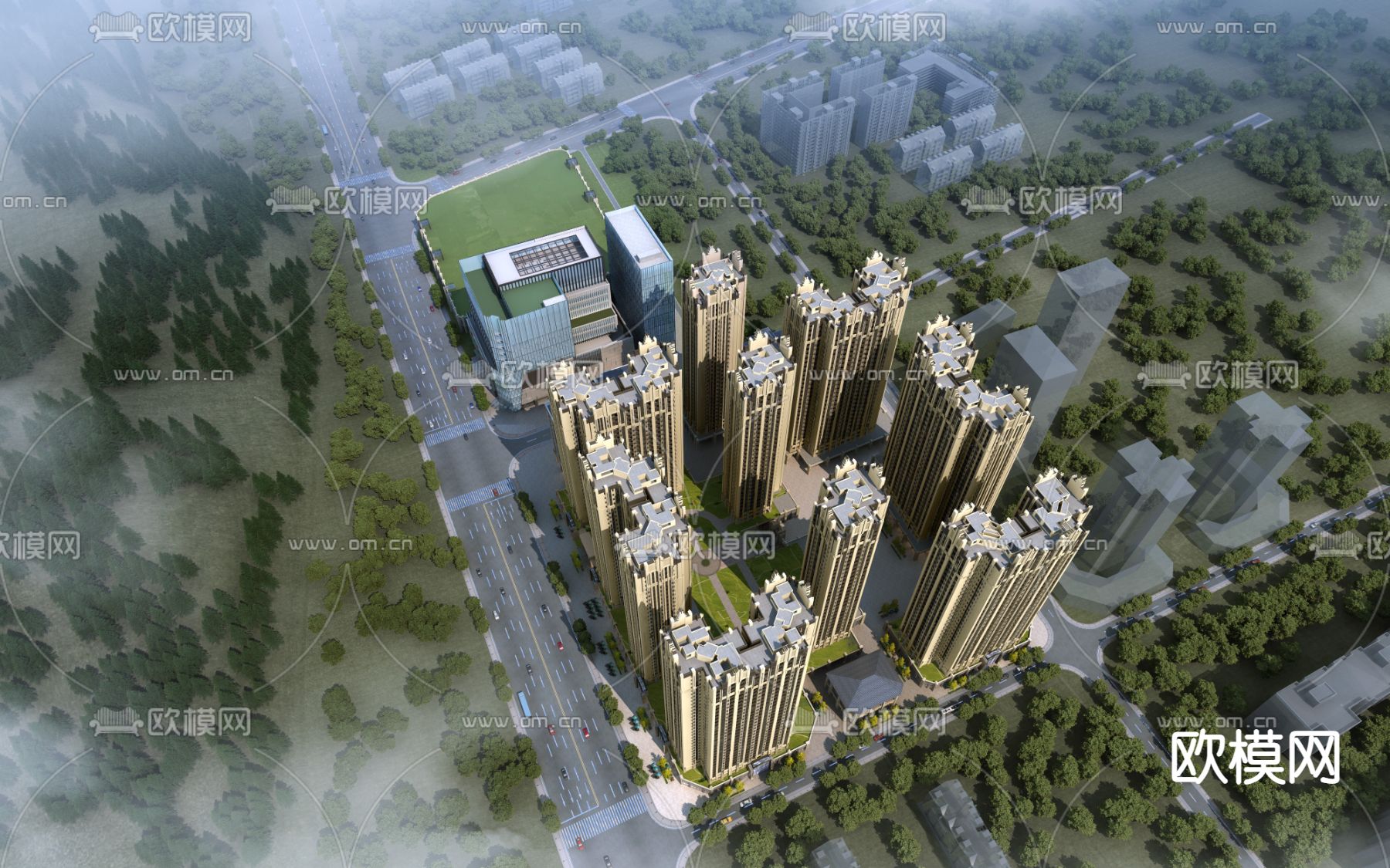 欧式住宅小区鸟瞰3d模型下载